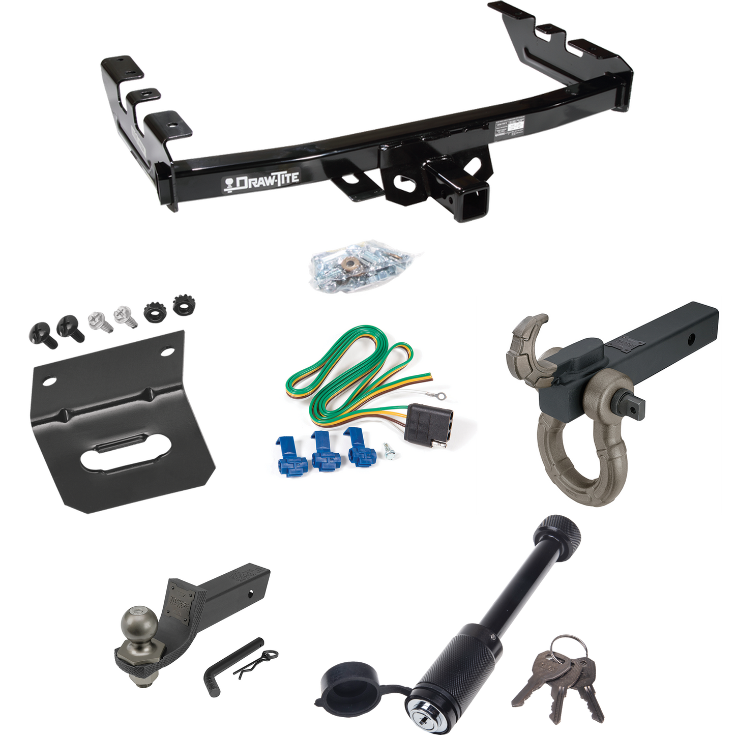 Fits 1999-2002 Chevrolet Silverado 1500 Trailer Hitch Tow PKG w/ 4-Flat Wiring + Interlock Tactical Starter Kit w/ 2" Drop & 2" Ball + Tactical Hook & Shackle Mount + Tactical Dogbone Lock + Wiring Bracket By Draw-Tite