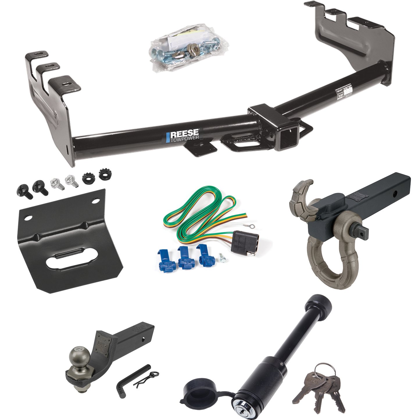 Fits 2003-2007 Chevrolet Silverado 1500 Trailer Hitch Tow PKG w/ 4-Flat Wiring + Interlock Tactical Starter Kit w/ 2" Drop & 2" Ball + Tactical Hook & Shackle Mount + Tactical Dogbone Lock + Wiring Bracket (For (Classic) Models) By Reese Towpower