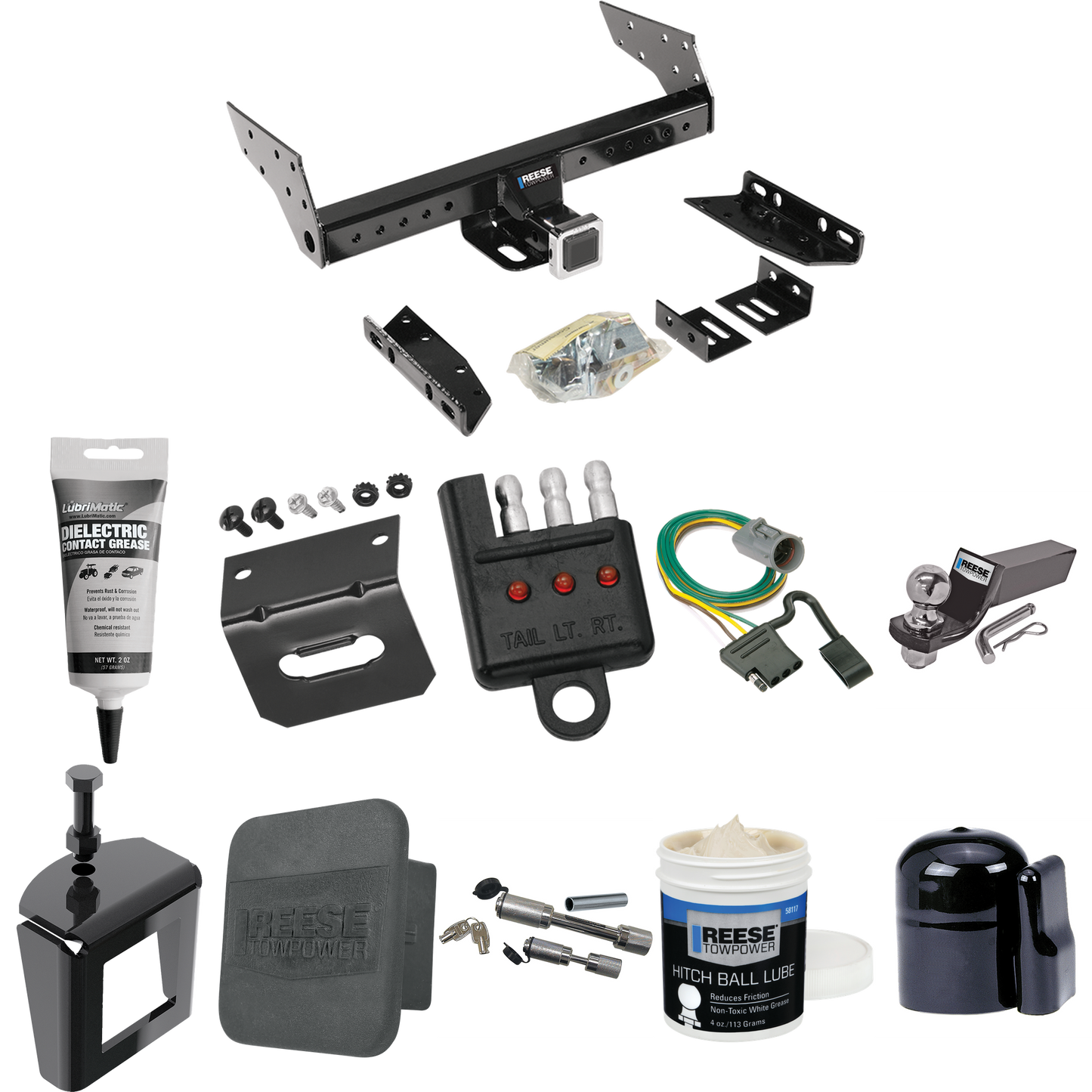 Fits 1998-1999 Ford Ranger Trailer Hitch Tow PKG w/ 4-Flat Wiring + Starter Kit Ball Mount w/ 2" Drop & 2" Ball + 1-7/8" Ball + Wiring Bracket + Dual Hitch & Coupler Locks + Hitch Cover + Wiring Tester + Ball Lube + Electric Grease + Ball Wrench + An