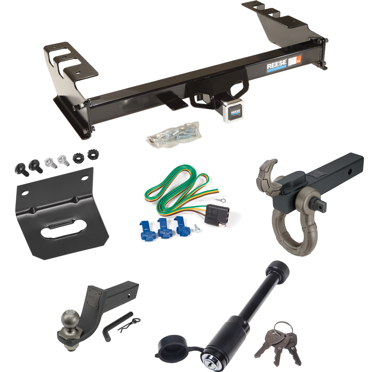 Fits 2005-2007 GMC Sierra 1500 HD Trailer Hitch Tow PKG w/ 4-Flat Wiring + Interlock Tactical Starter Kit w/ 3-1/4" Drop & 2" Ball + Tactical Hook & Shackle Mount + Tactical Dogbone Lock + Wiring Bracket By Reese Towpower