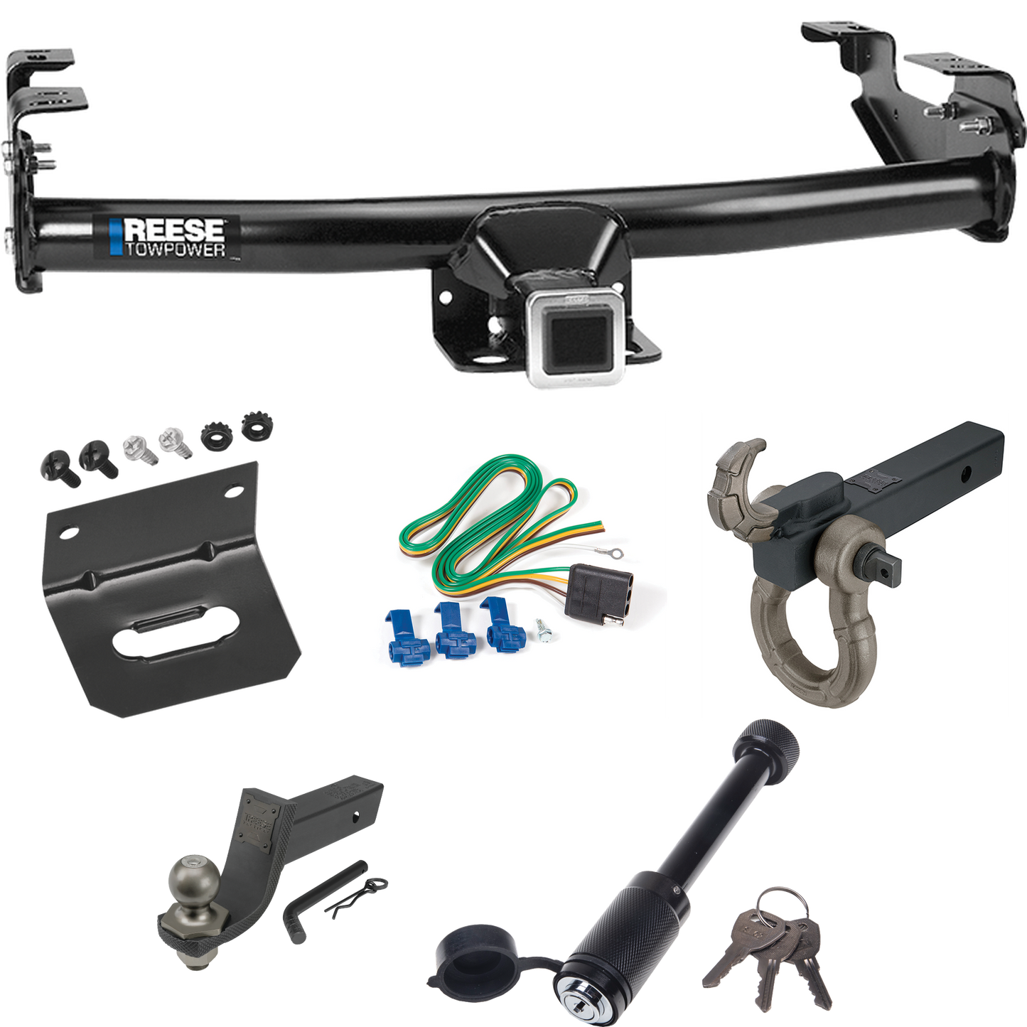 Fits 2004-2005 Ford F-150 Trailer Hitch Tow PKG w/ 4-Flat Wiring + Interlock Tactical Starter Kit w/ 3-1/4" Drop & 2" Ball + Tactical Hook & Shackle Mount + Tactical Dogbone Lock + Wiring Bracket By Reese Towpower