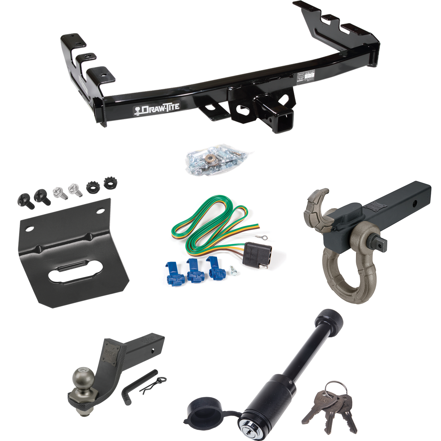 Fits 2001-2003 GMC Sierra 1500 HD Trailer Hitch Tow PKG w/ 4-Flat Wiring + Interlock Tactical Starter Kit w/ 3-1/4" Drop & 2" Ball + Tactical Hook & Shackle Mount + Tactical Dogbone Lock + Wiring Bracket By Draw-Tite