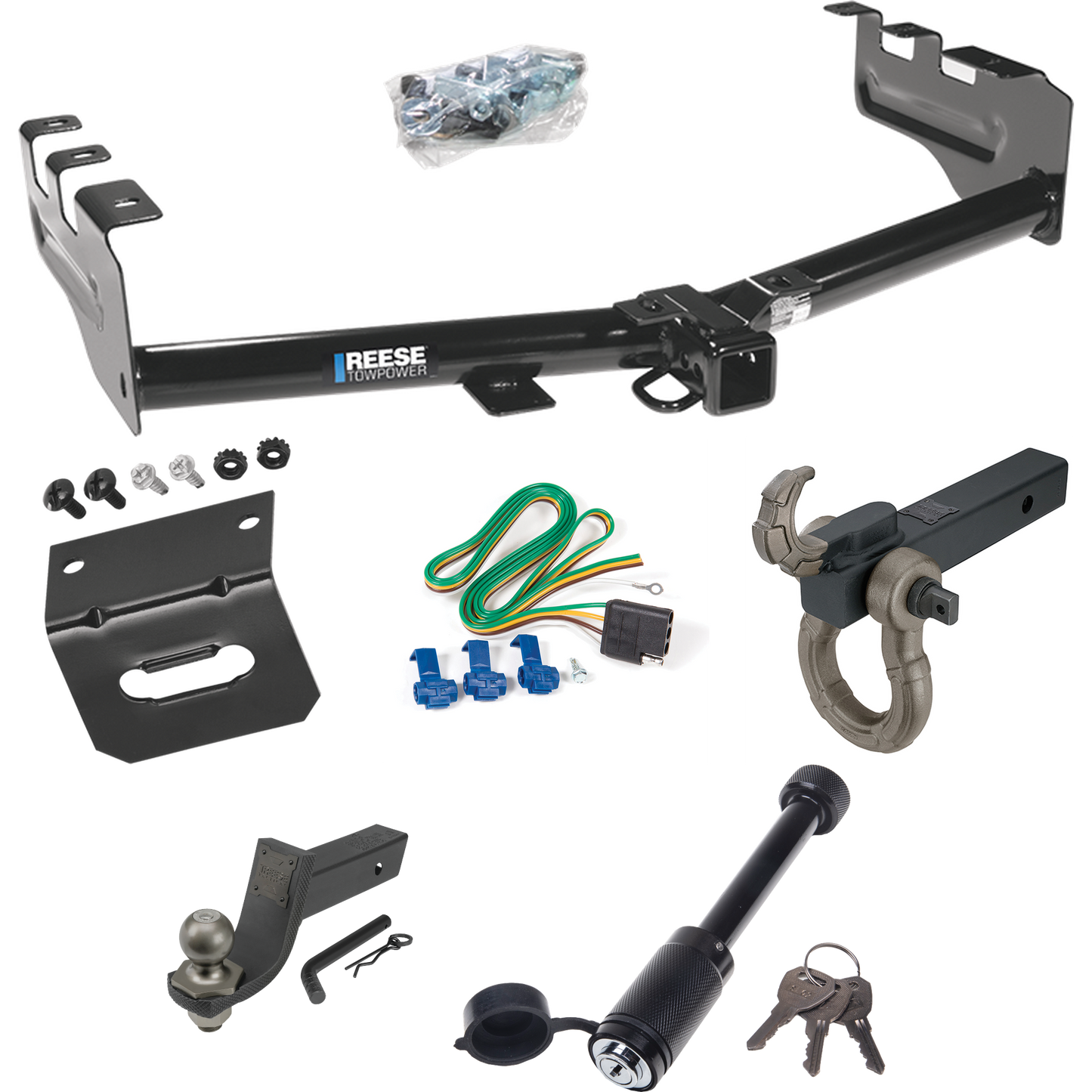 Fits 2005-2007 GMC Sierra 1500 HD Trailer Hitch Tow PKG w/ 4-Flat Wiring + Interlock Tactical Starter Kit w/ 3-1/4" Drop & 2" Ball + Tactical Hook & Shackle Mount + Tactical Dogbone Lock + Wiring Bracket (For (Classic) Models) By Reese Towpower