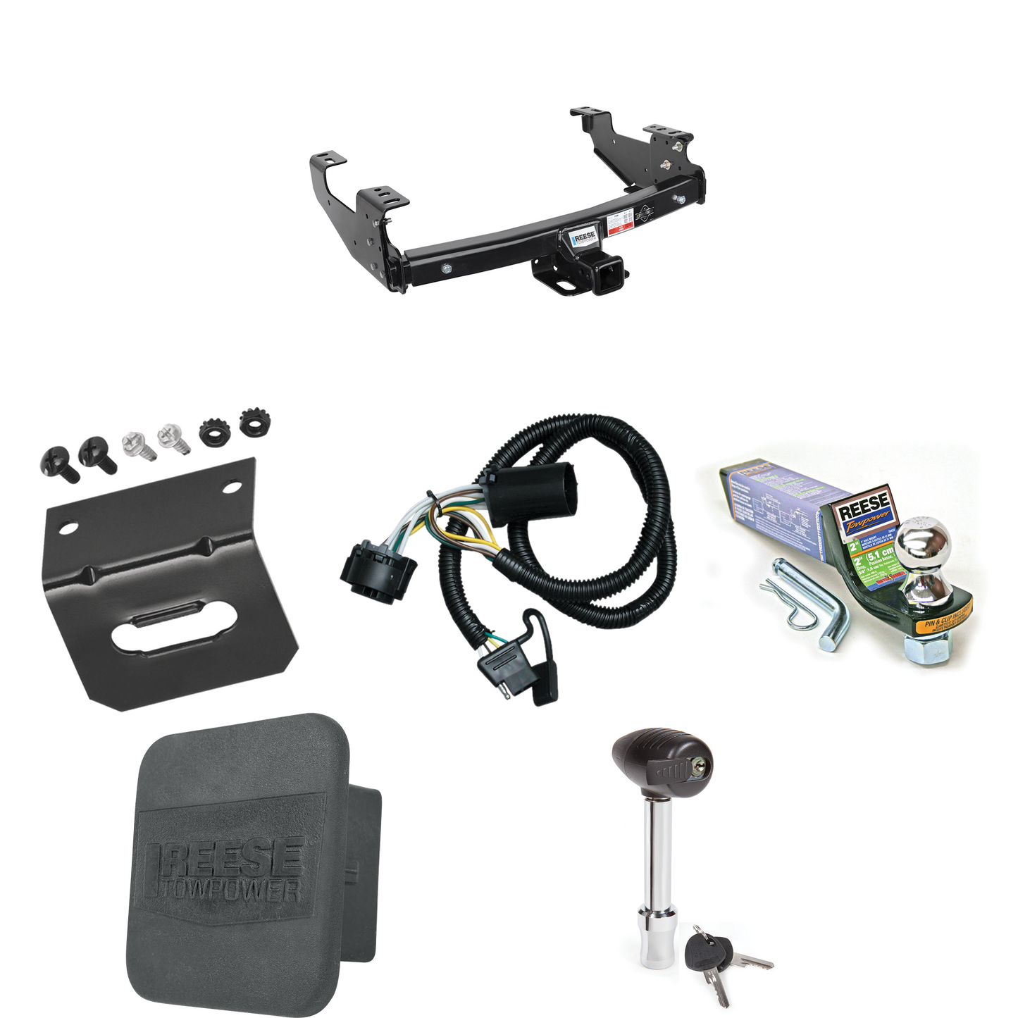 Fits 2007-2007 Chevrolet Silverado 1500 HD Trailer Hitch Tow PKG w/ 4-Flat Wiring + Starter Kit Ball Mount w/ 2" Drop & 1-7/8" Ball + Wiring Bracket + Hitch Lock + Hitch Cover (For (Classic) Models) By Reese Towpower