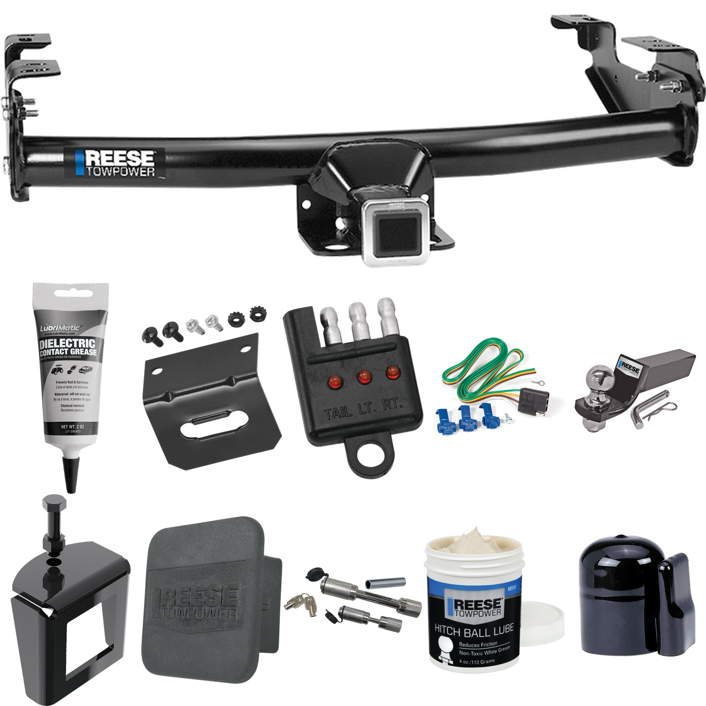 Fits 2001-2003 GMC Sierra 1500 HD Trailer Hitch Tow PKG w/ 4-Flat Wiring + Starter Kit Ball Mount w/ 2" Drop & 2" Ball + 1-7/8" Ball + Wiring Bracket + Dual Hitch & Coupler Locks + Hitch Cover + Wiring Tester + Ball Lube + Electric Grease + Ball Wren