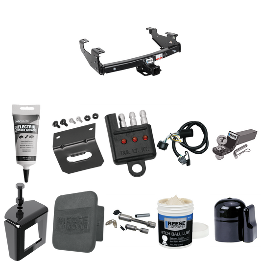 Fits 2001-2006 GMC Sierra 2500 HD Trailer Hitch Tow PKG w/ 4-Flat Wiring + Starter Kit Ball Mount w/ 2" Drop & 2" Ball + 1-7/8" Ball + Wiring Bracket + Dual Hitch & Coupler Locks + Hitch Cover + Wiring Tester + Ball Lube + Electric Grease + Ball Wren