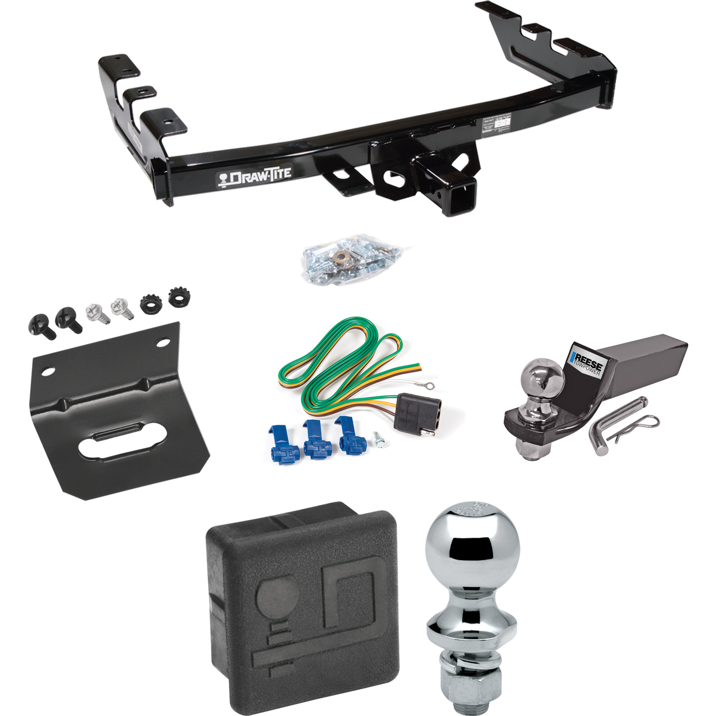 Fits 2001-2003 GMC Sierra 1500 HD Trailer Hitch Tow PKG w/ 4-Flat Wiring + Starter Kit Ball Mount w/ 2" Drop & 2" Ball + 1-7/8" Ball + Wiring Bracket + Hitch Cover By Draw-Tite