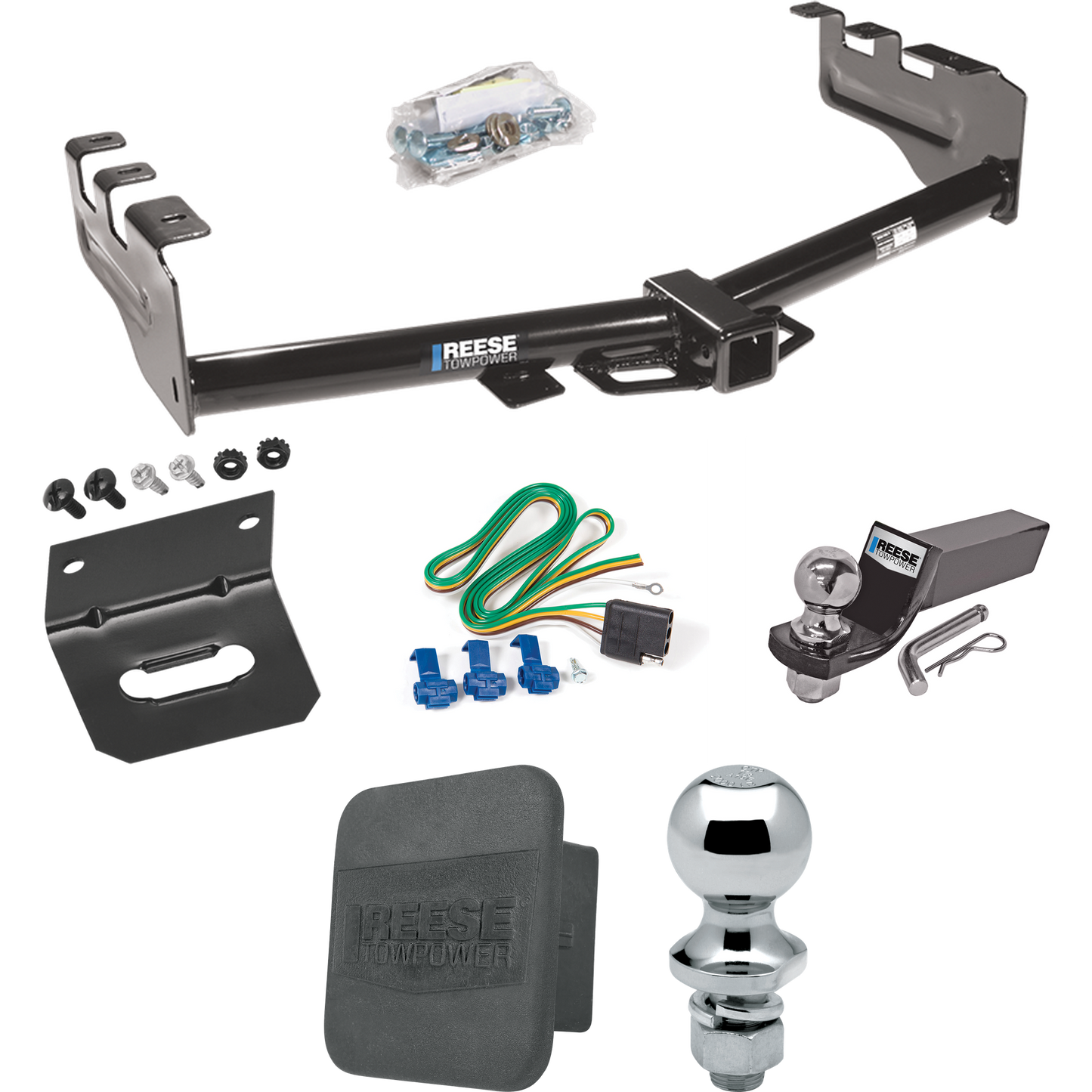 Fits 1999-2002 GMC Sierra 1500 Trailer Hitch Tow PKG w/ 4-Flat Wiring + Starter Kit Ball Mount w/ 2" Drop & 2" Ball + 1-7/8" Ball + Wiring Bracket + Hitch Cover By Reese Towpower