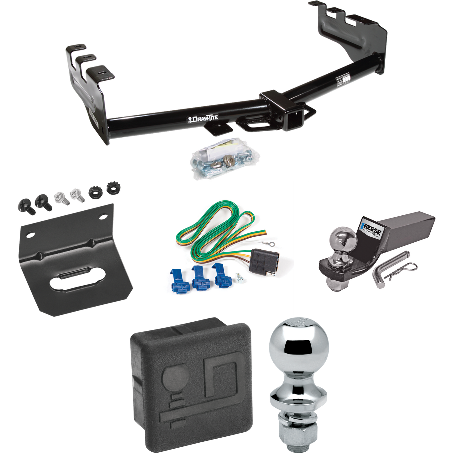 Fits 2001-2003 GMC Sierra 1500 HD Trailer Hitch Tow PKG w/ 4-Flat Wiring + Starter Kit Ball Mount w/ 2" Drop & 2" Ball + 1-7/8" Ball + Wiring Bracket + Hitch Cover By Draw-Tite