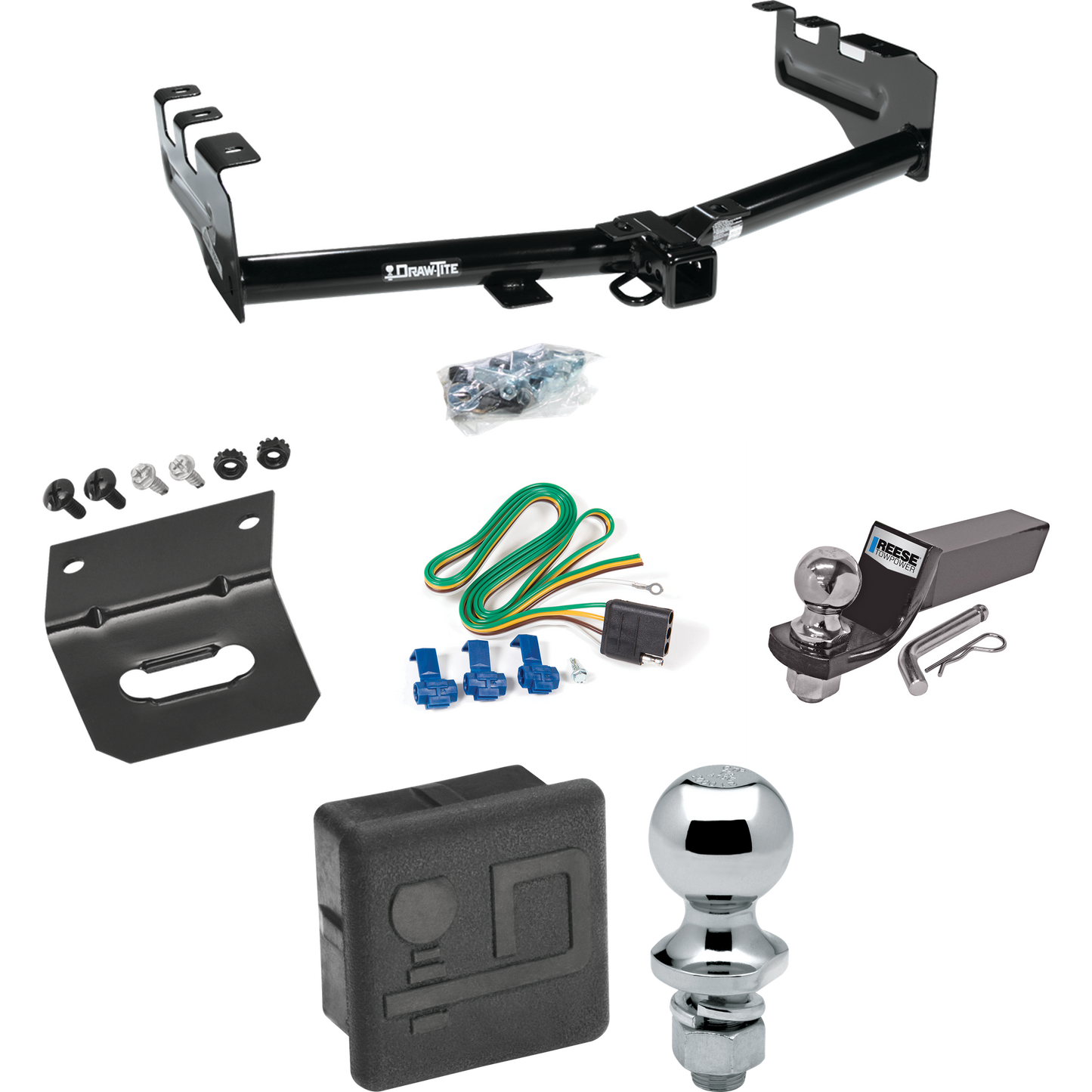 Fits 2001-2003 GMC Sierra 1500 HD Trailer Hitch Tow PKG w/ 4-Flat Wiring + Starter Kit Ball Mount w/ 2" Drop & 2" Ball + 1-7/8" Ball + Wiring Bracket + Hitch Cover By Draw-Tite