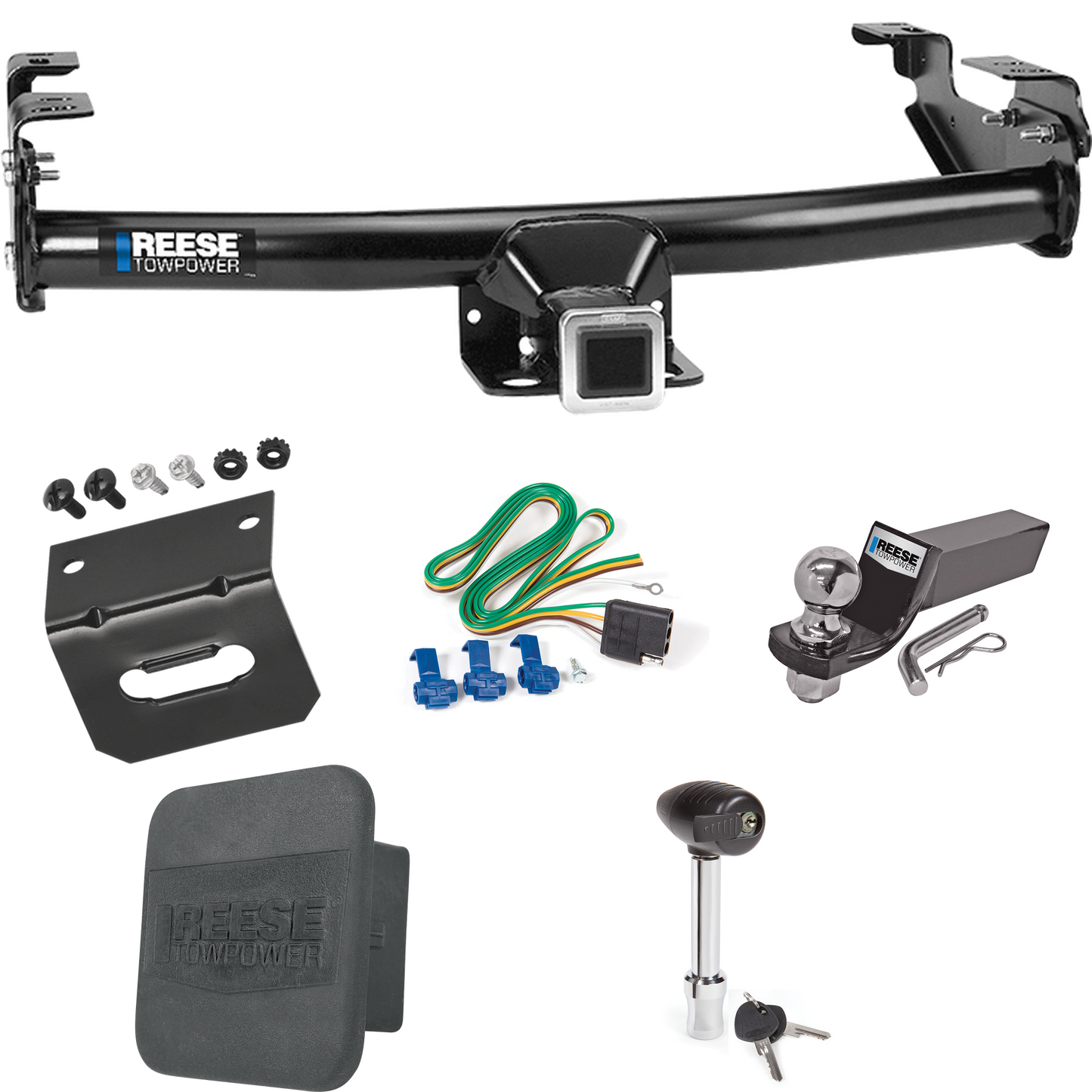 Fits 2001-2003 GMC Sierra 1500 HD Trailer Hitch Tow PKG w/ 4-Flat Wiring + Starter Kit Ball Mount w/ 2" Drop & 2" Ball + 1-7/8" Ball + Wiring Bracket + Hitch Lock + Hitch Cover By Reese Towpower