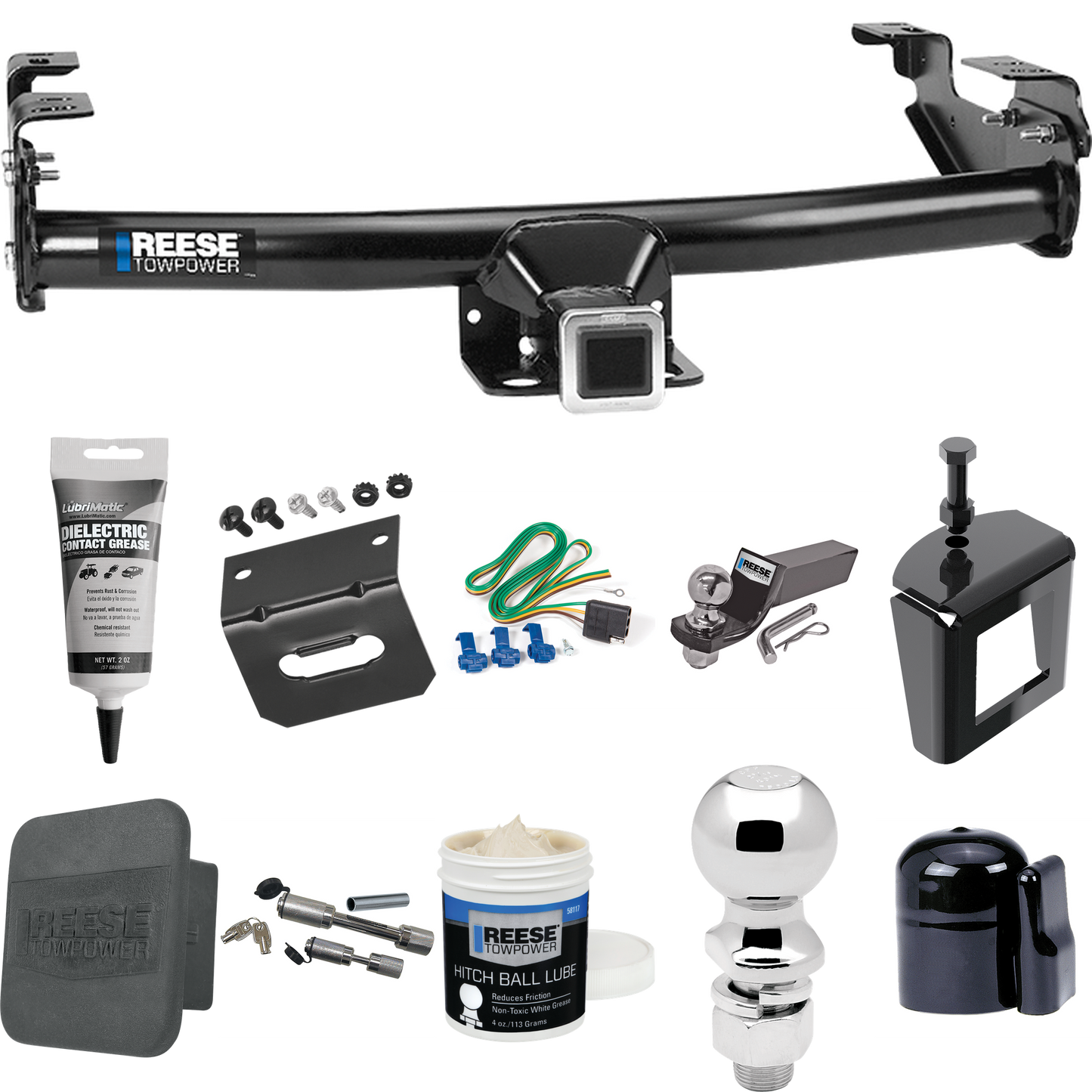 Fits 2001-2003 GMC Sierra 1500 HD Trailer Hitch Tow PKG w/ 4-Flat Wiring + Starter Kit Ball Mount w/ 2" Drop & 2" Ball + 2-5/16" Ball + Wiring Bracket + Dual Hitch & Coupler Locks + Hitch Cover + Wiring Tester + Ball Lube +Electric Grease + Ball Wren