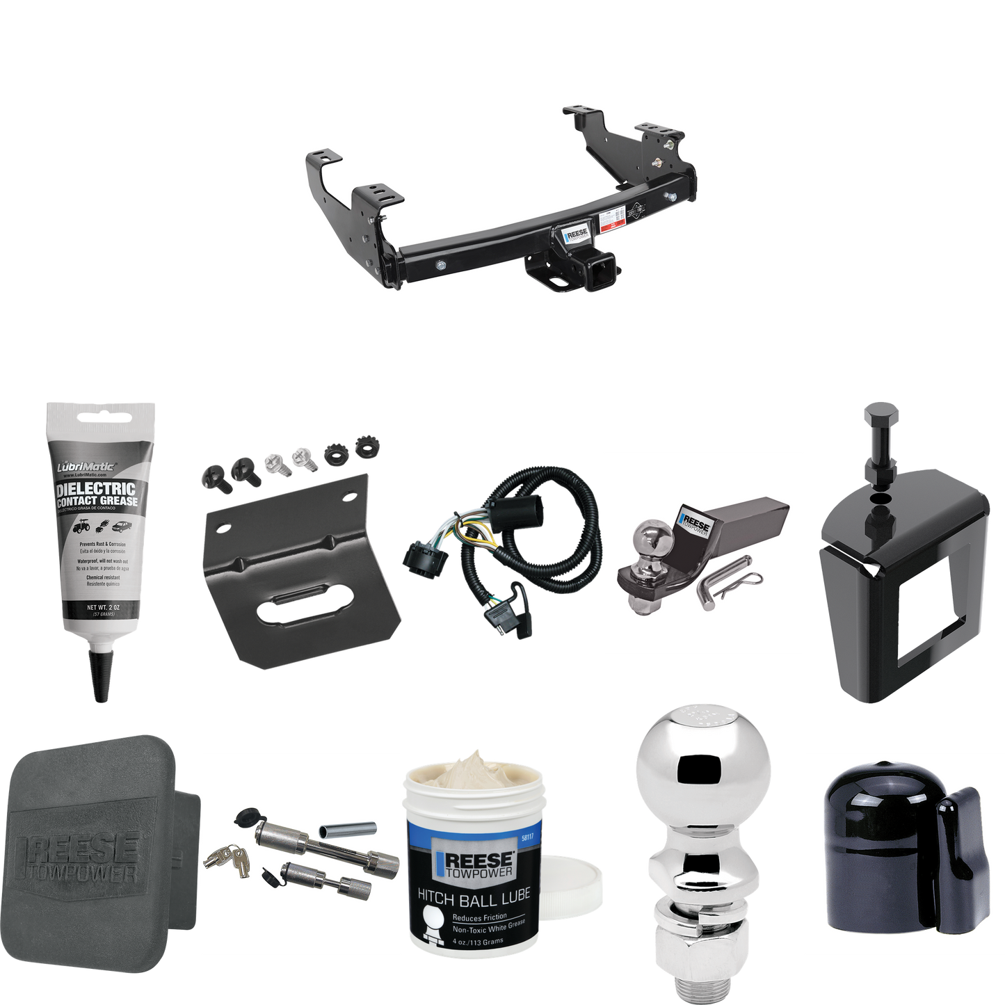 Fits 1999-2006 Chevrolet Silverado 1500 Trailer Hitch Tow PKG w/ 4-Flat Wiring + Starter Kit Ball Mount w/ 2" Drop & 2" Ball + 2-5/16" Ball + Wiring Bracket + Dual Hitch & Coupler Locks + Hitch Cover + Wiring Tester + Ball Lube +Electric Grease + Bal