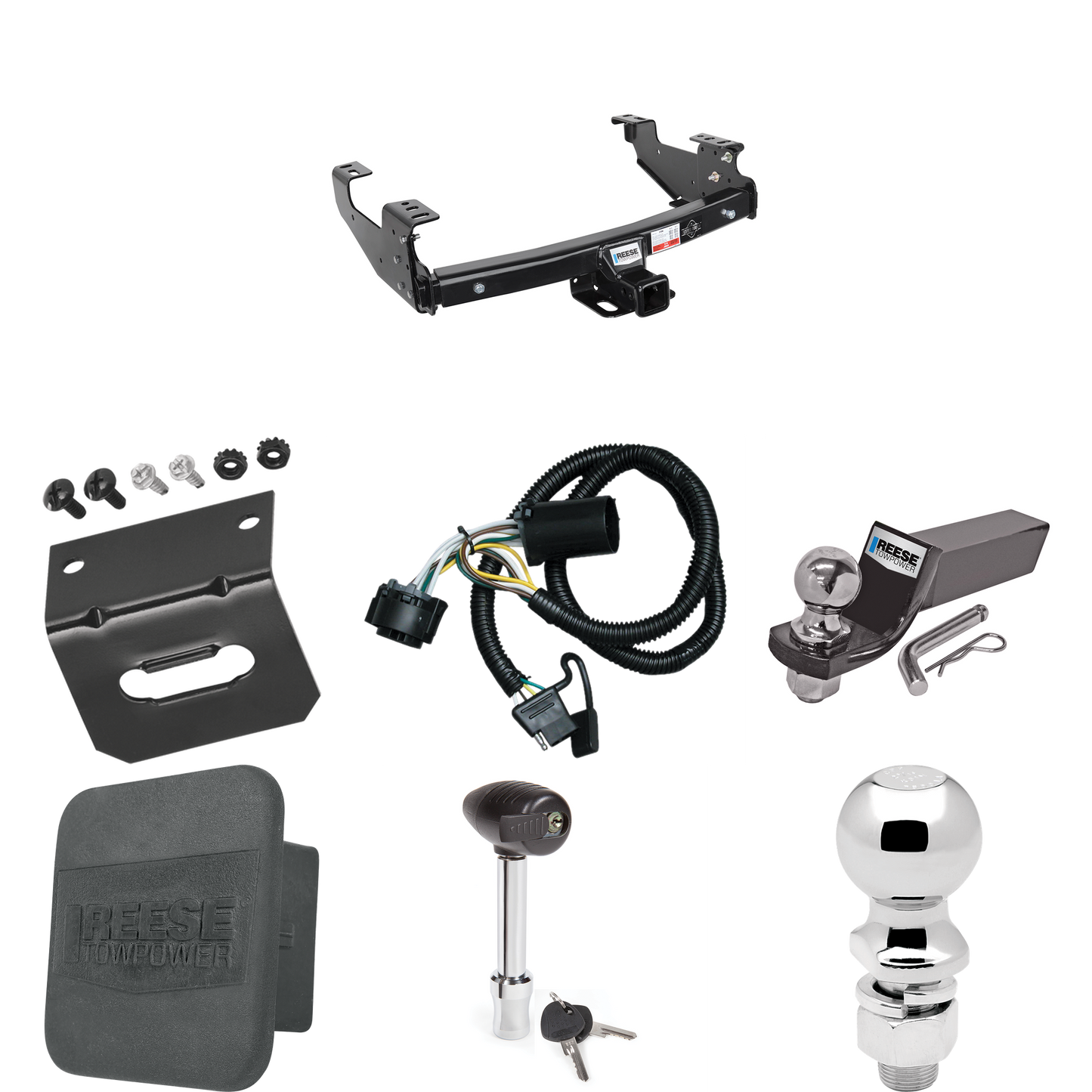 Fits 1999-2006 Chevrolet Silverado 1500 Trailer Hitch Tow PKG w/ 4-Flat Wiring + Starter Kit Ball Mount w/ 2" Drop & 2" Ball + 2-5/16" Ball + Wiring Bracket + Hitch Lock + Hitch Cover By Reese Towpower