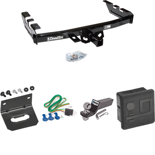 Fits 1999-2004 GMC Sierra 2500 Trailer Hitch Tow PKG w/ 4-Flat Wiring + Starter Kit Ball Mount w/ 2" Drop & 2" Ball + Wiring Bracket + Hitch Cover By Draw-Tite