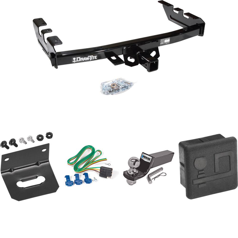 Fits 1999-2004 GMC Sierra 2500 Trailer Hitch Tow PKG w/ 4-Flat Wiring + Starter Kit Ball Mount w/ 2" Drop & 2" Ball + Wiring Bracket + Hitch Cover By Draw-Tite