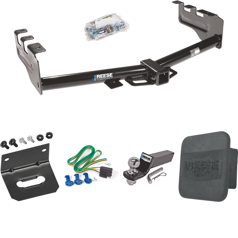 Fits 2001-2003 GMC Sierra 1500 HD Trailer Hitch Tow PKG w/ 4-Flat Wiring + Starter Kit Ball Mount w/ 2" Drop & 2" Ball + Wiring Bracket + Hitch Cover By Reese Towpower