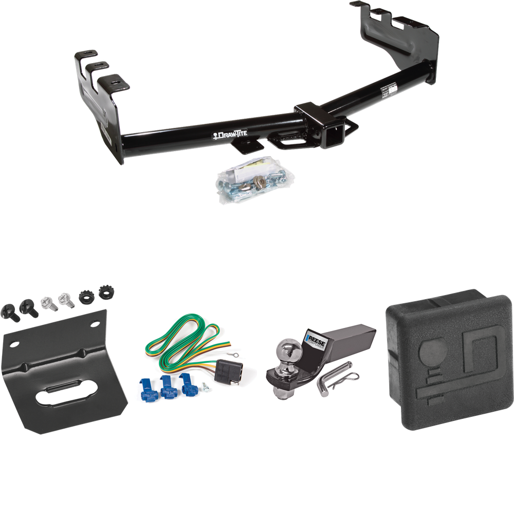 Fits 2001-2003 GMC Sierra 1500 HD Trailer Hitch Tow PKG w/ 4-Flat Wiring + Starter Kit Ball Mount w/ 2" Drop & 2" Ball + Wiring Bracket + Hitch Cover By Draw-Tite