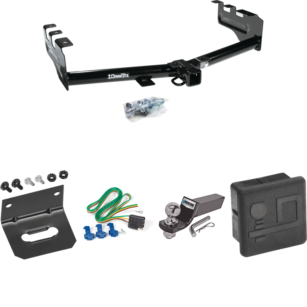 Fits 2001-2003 GMC Sierra 1500 HD Trailer Hitch Tow PKG w/ 4-Flat Wiring + Starter Kit Ball Mount w/ 2" Drop & 2" Ball + Wiring Bracket + Hitch Cover By Draw-Tite