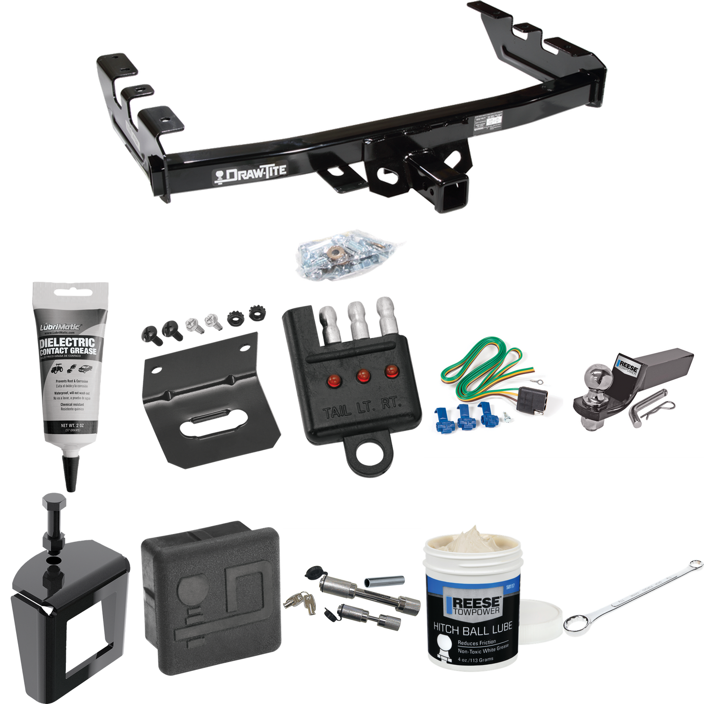 Fits 2001-2003 GMC Sierra 1500 HD Trailer Hitch Tow PKG w/ 4-Flat Wiring + Starter Kit Ball Mount w/ 2" Drop & 2" Ball + Wiring Bracket + Hitch Cover + Dual Hitch & Coupler Locks + Wiring Tester + Ball Lube + Electric Grease + Ball Wrench + Anti Ratt