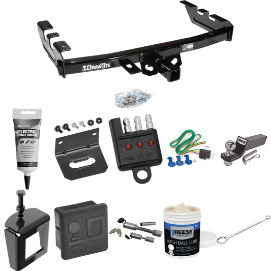 Fits 2001-2003 GMC Sierra 1500 HD Trailer Hitch Tow PKG w/ 4-Flat Wiring + Starter Kit Ball Mount w/ 2" Drop & 2" Ball + Wiring Bracket + Hitch Cover + Dual Hitch & Coupler Locks + Wiring Tester + Ball Lube + Electric Grease + Ball Wrench + Anti Ratt