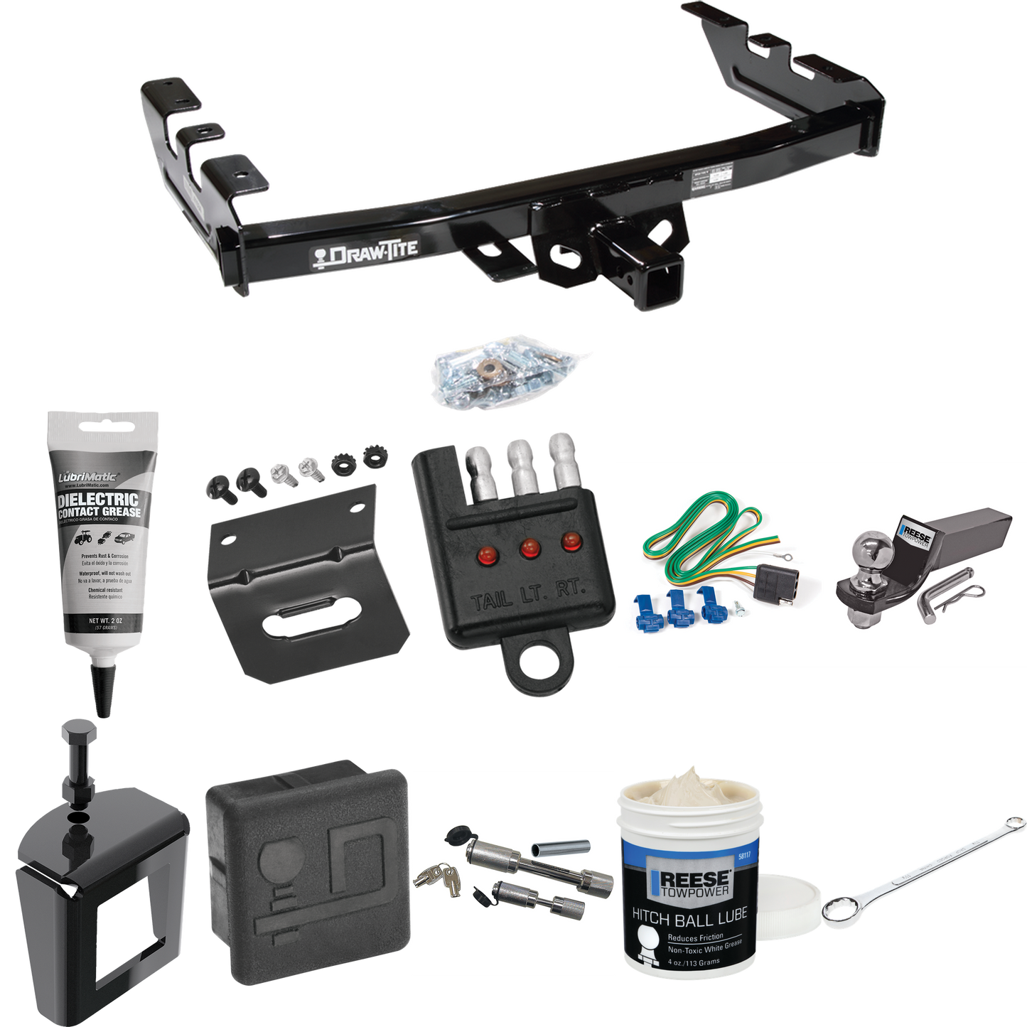 Fits 2005-2007 GMC Sierra 1500 HD Trailer Hitch Tow PKG w/ 4-Flat Wiring + Starter Kit Ball Mount w/ 2" Drop & 2" Ball + Wiring Bracket + Hitch Cover + Dual Hitch & Coupler Locks + Wiring Tester + Ball Lube + Electric Grease + Ball Wrench + Anti Ratt