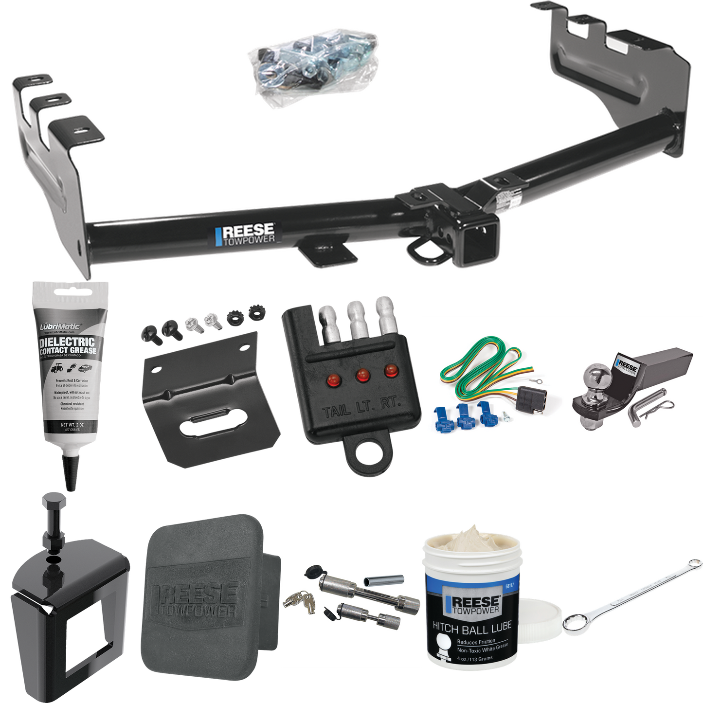 Fits 2001-2003 GMC Sierra 1500 HD Trailer Hitch Tow PKG w/ 4-Flat Wiring + Starter Kit Ball Mount w/ 2" Drop & 2" Ball + Wiring Bracket + Hitch Cover + Dual Hitch & Coupler Locks + Wiring Tester + Ball Lube + Electric Grease + Ball Wrench + Anti Ratt