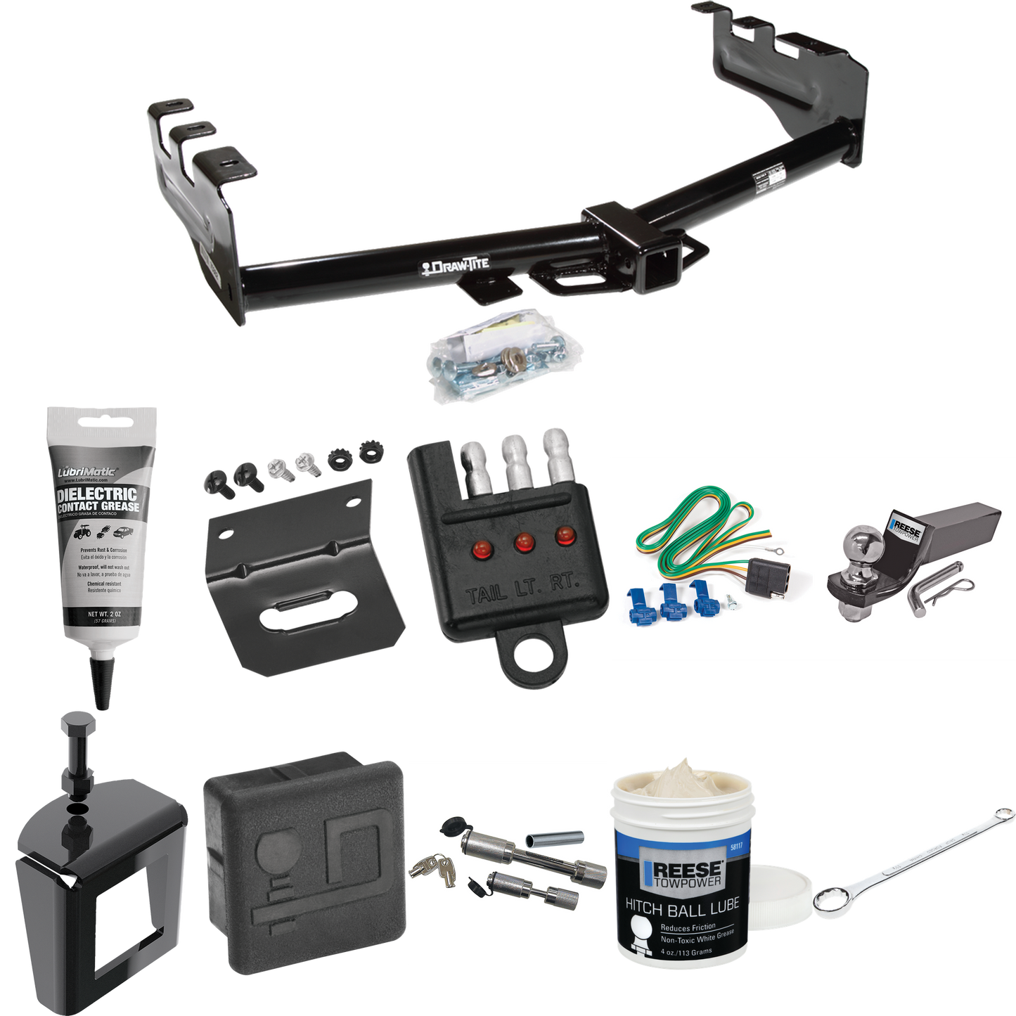 Fits 2001-2003 GMC Sierra 1500 HD Trailer Hitch Tow PKG w/ 4-Flat Wiring + Starter Kit Ball Mount w/ 2" Drop & 2" Ball + Wiring Bracket + Hitch Cover + Dual Hitch & Coupler Locks + Wiring Tester + Ball Lube + Electric Grease + Ball Wrench + Anti Ratt