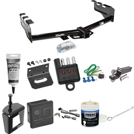 Fits 2001-2003 GMC Sierra 1500 HD Trailer Hitch Tow PKG w/ 4-Flat Wiring + Starter Kit Ball Mount w/ 2" Drop & 2" Ball + Wiring Bracket + Hitch Cover + Dual Hitch & Coupler Locks + Wiring Tester + Ball Lube + Electric Grease + Ball Wrench + Anti Ratt