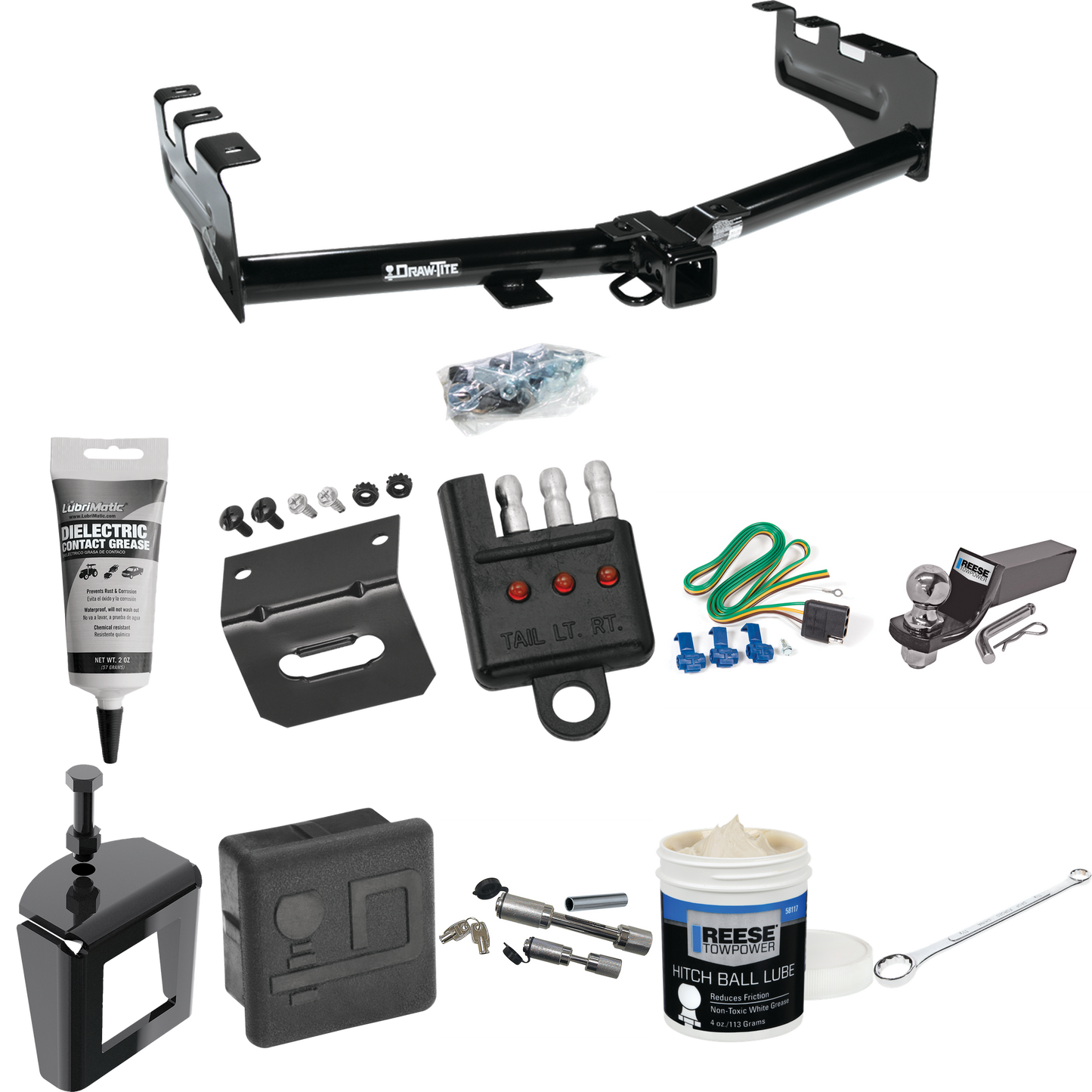 Fits 1999-2002 Chevrolet Silverado 1500 Trailer Hitch Tow PKG w/ 4-Flat Wiring + Starter Kit Ball Mount w/ 2" Drop & 2" Ball + Wiring Bracket + Hitch Cover + Dual Hitch & Coupler Locks + Wiring Tester + Ball Lube + Electric Grease + Ball Wrench + Ant