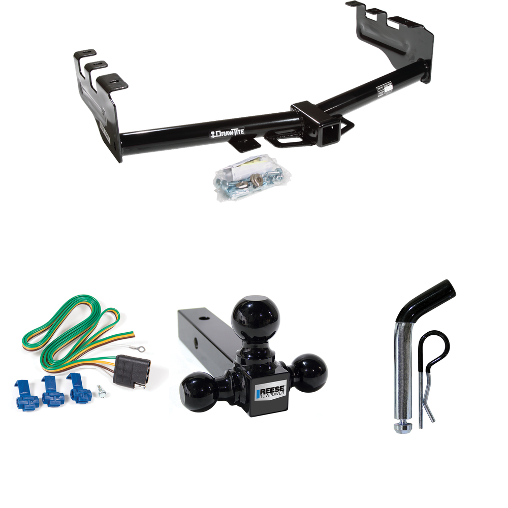 Fits 2001-2003 GMC Sierra 1500 HD Trailer Hitch Tow PKG w/ 4-Flat Wiring + Triple Ball Ball Mount 1-7/8" & 2" & 2-5/16" Trailer Balls + Pin/Clip By Draw-Tite