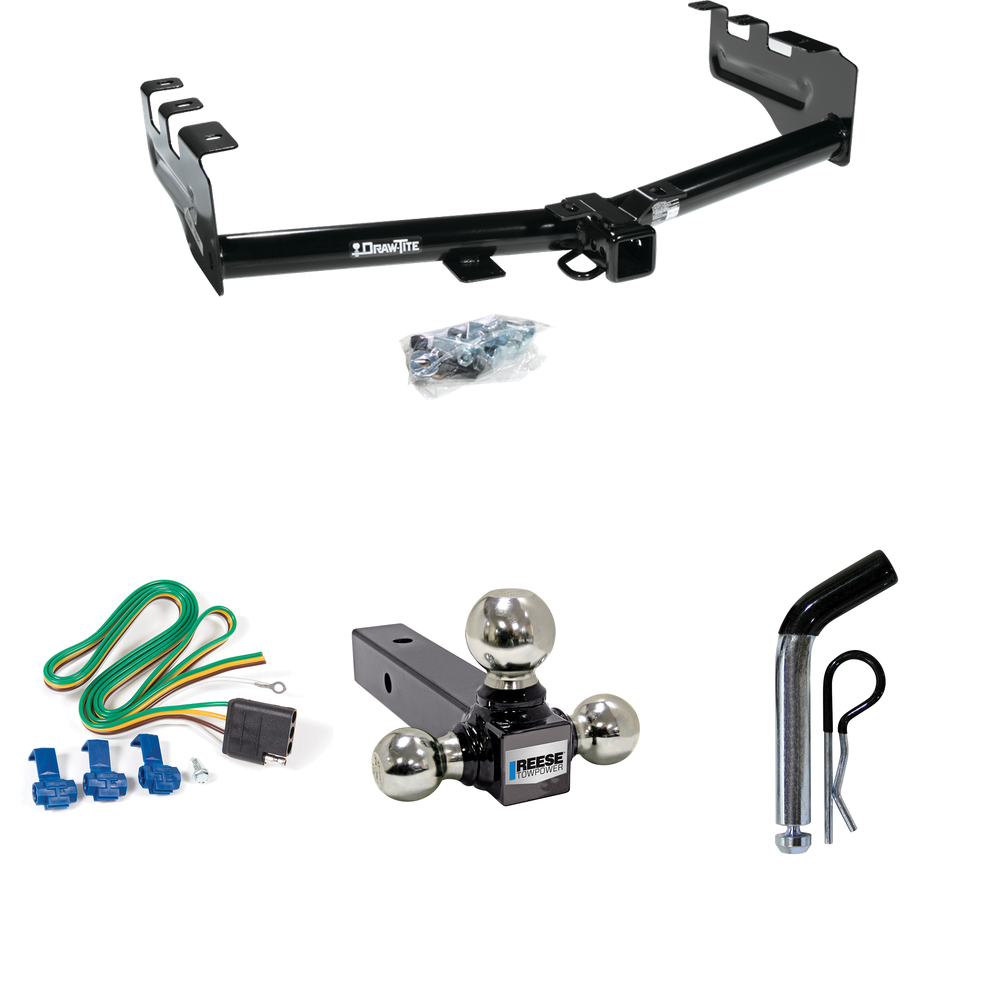 Fits 2001-2003 GMC Sierra 1500 HD Trailer Hitch Tow PKG w/ 4-Flat Wiring + Triple Ball Ball Mount 1-7/8" & 2" & 2-5/16" Trailer Balls + Pin/Clip By Draw-Tite