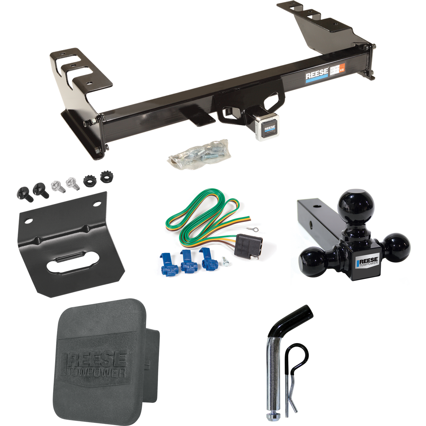 Fits 2005-2007 GMC Sierra 1500 HD Trailer Hitch Tow PKG w/ 4-Flat Wiring + Triple Ball Ball Mount 1-7/8" & 2" & 2-5/16" Trailer Balls + Pin/Clip + Wiring Bracket + Hitch Cover By Reese Towpower