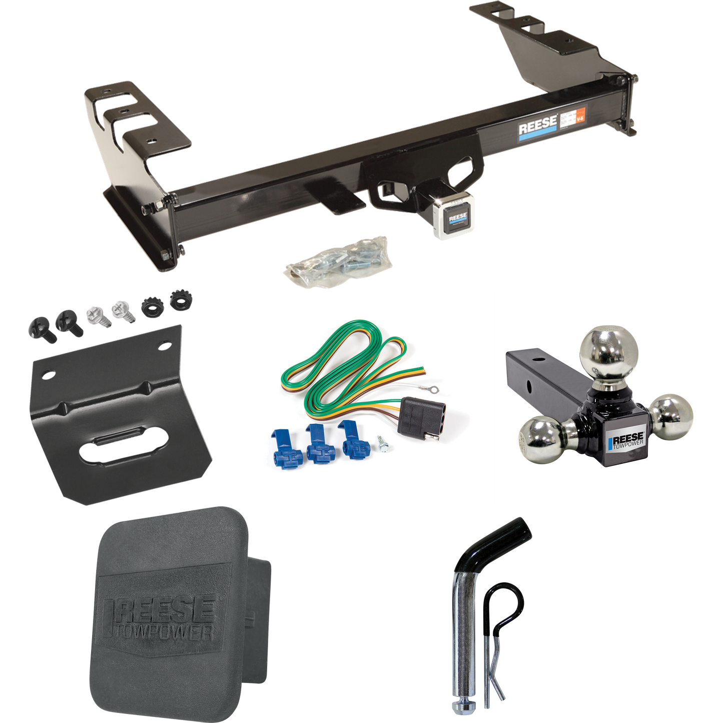 Se adapta al paquete de remolque con enganche para remolque Chevrolet Silverado 2500 1999-2004 con 4 cables planos + soporte de bola triple de 1-7/8" y 2" y 2-5/16" + pasador/clip + soporte de cableado + cubierta de enganche Por Reese Towpower