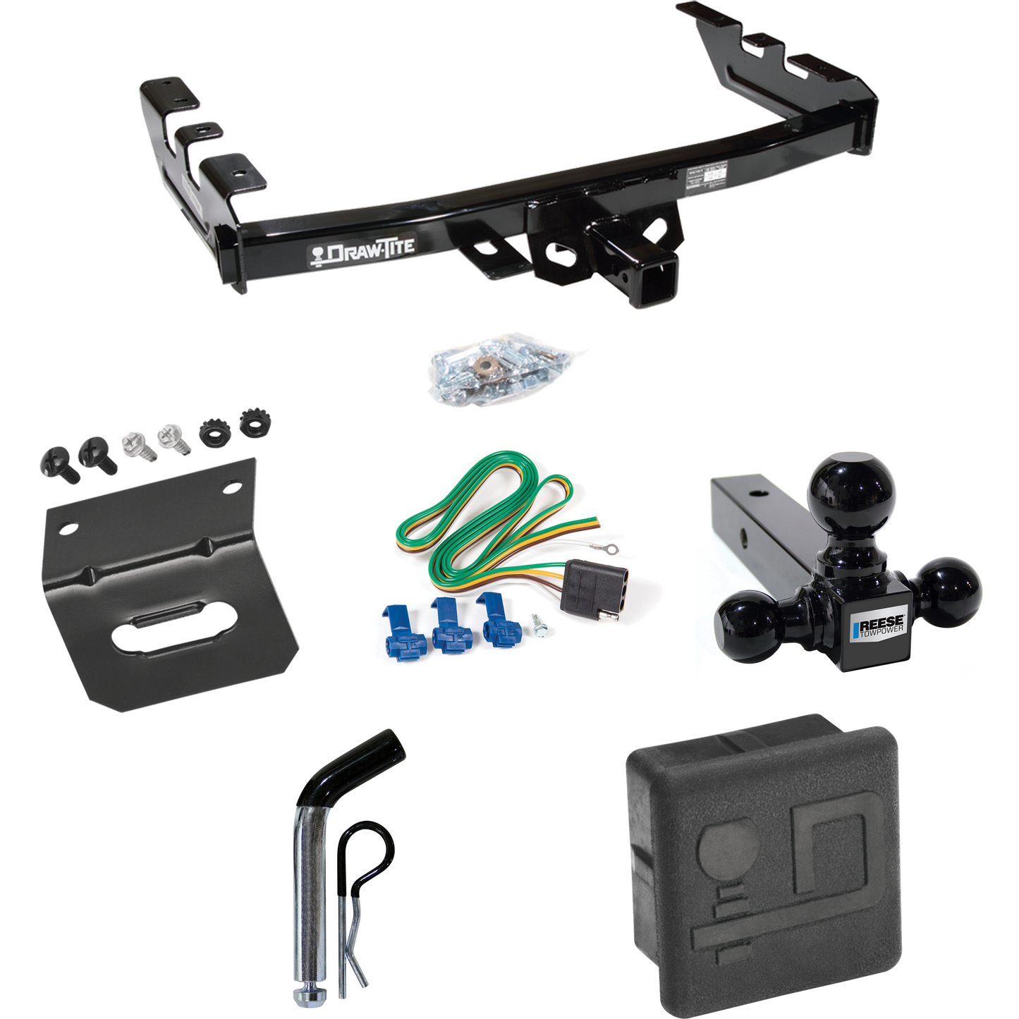 Fits 2001-2003 GMC Sierra 1500 HD Trailer Hitch Tow PKG w/ 4-Flat Wiring + Triple Ball Ball Mount 1-7/8" & 2" & 2-5/16" Trailer Balls + Pin/Clip + Wiring Bracket + Hitch Cover By Draw-Tite