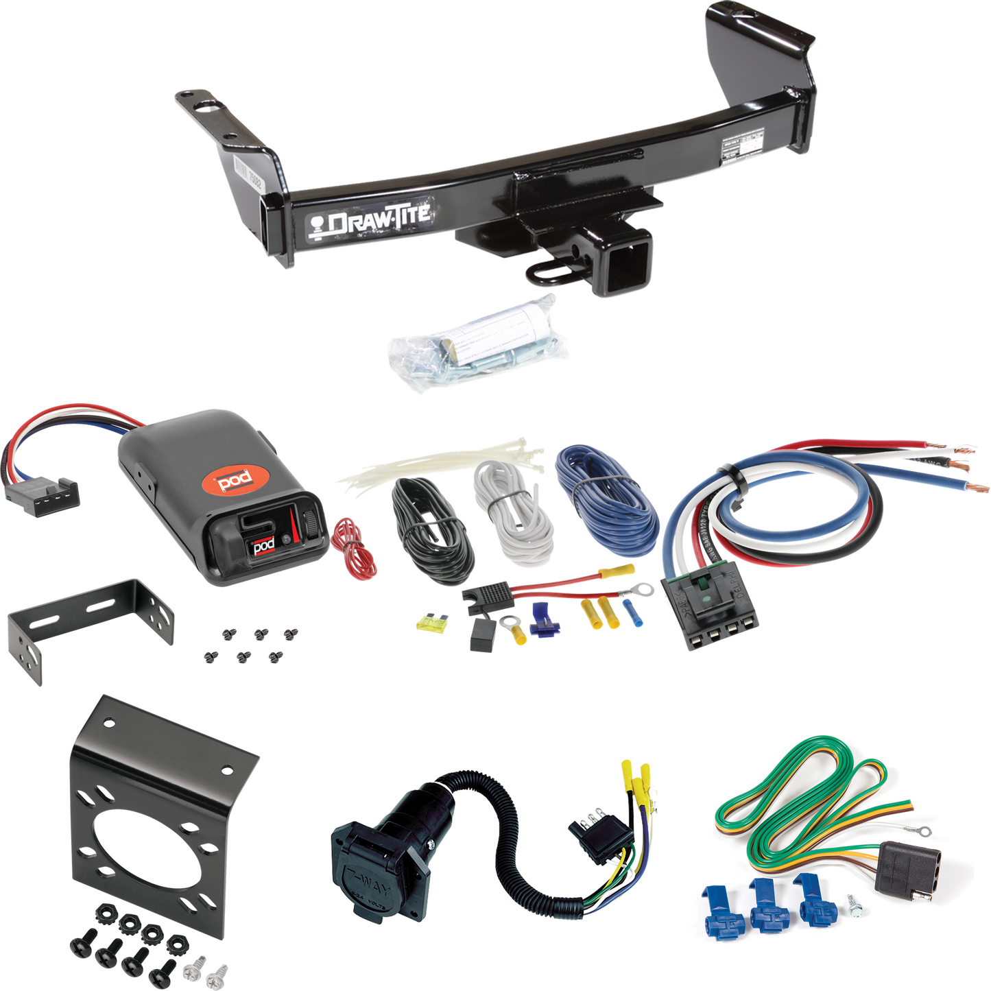 Fits 1983-1992 Ford Ranger Trailer Hitch Tow PKG w/ Pro Series POD Brake Control + Generic BC Wiring Adapter + 7-Way RV Wiring (Excludes: GT Models) By Draw-Tite