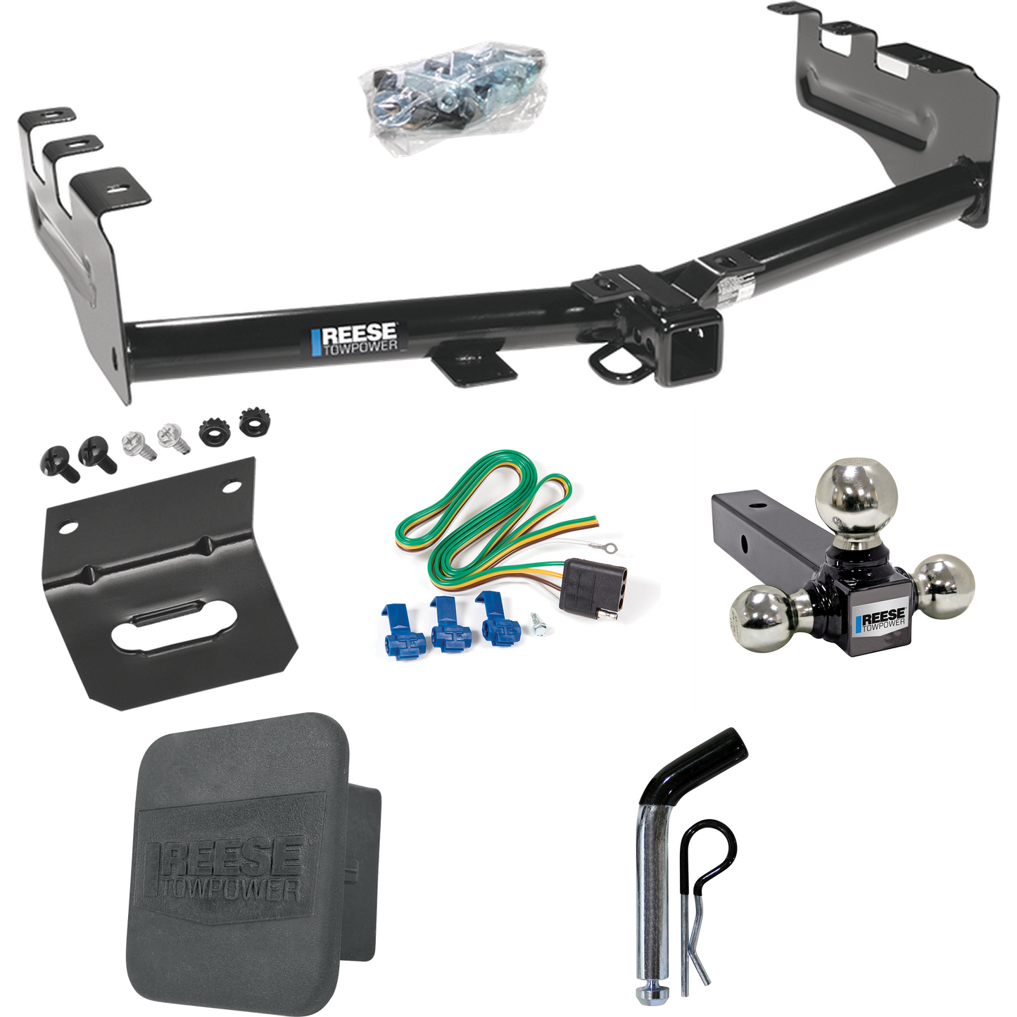 Fits 2001-2003 GMC Sierra 1500 HD Trailer Hitch Tow PKG w/ 4-Flat Wiring + Triple Ball Ball Mount 1-7/8" & 2" & 2-5/16" Trailer Balls + Pin/Clip + Wiring Bracket + Hitch Cover By Reese Towpower