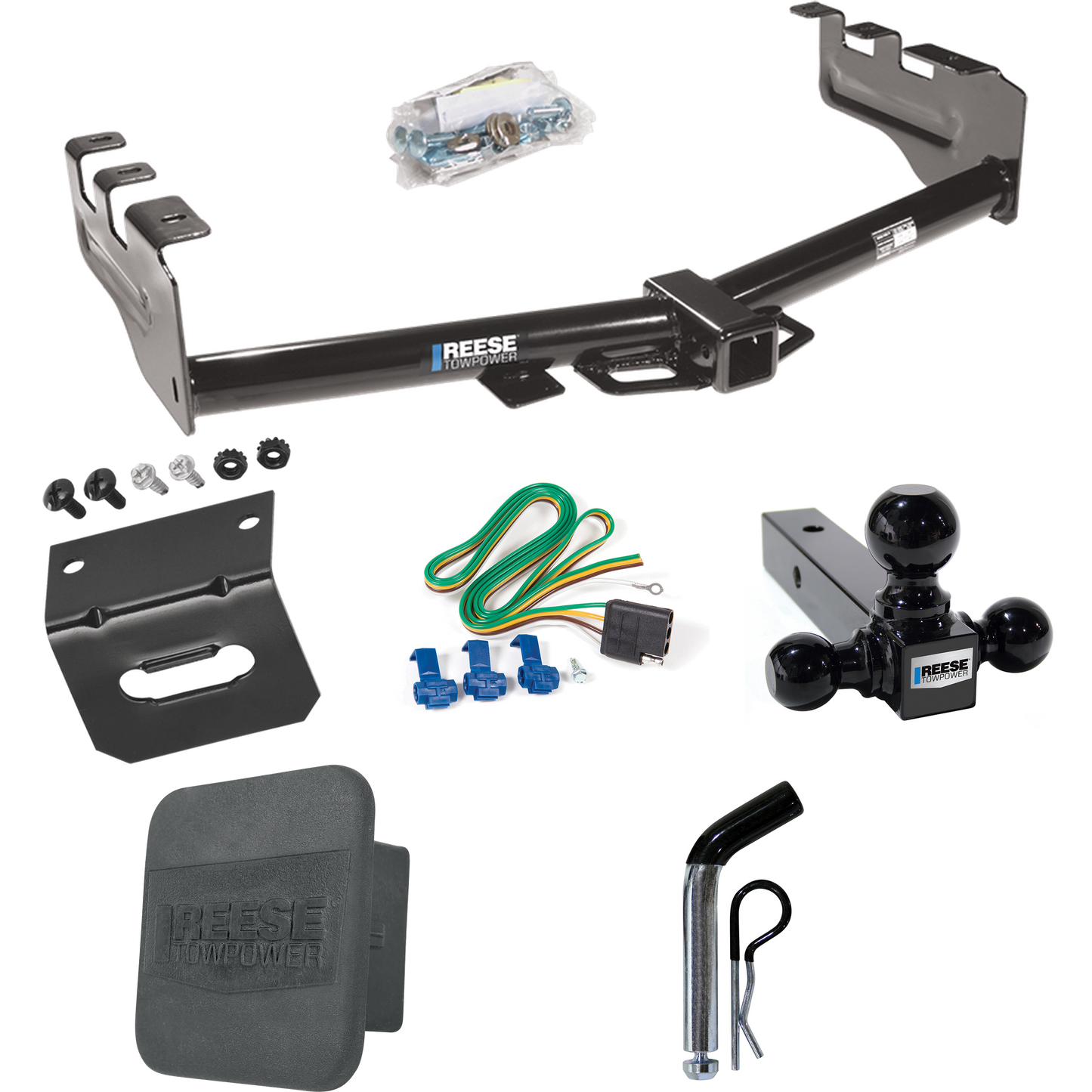 Fits 2001-2003 GMC Sierra 1500 HD Trailer Hitch Tow PKG w/ 4-Flat Wiring + Triple Ball Ball Mount 1-7/8" & 2" & 2-5/16" Trailer Balls + Pin/Clip + Wiring Bracket + Hitch Cover By Reese Towpower