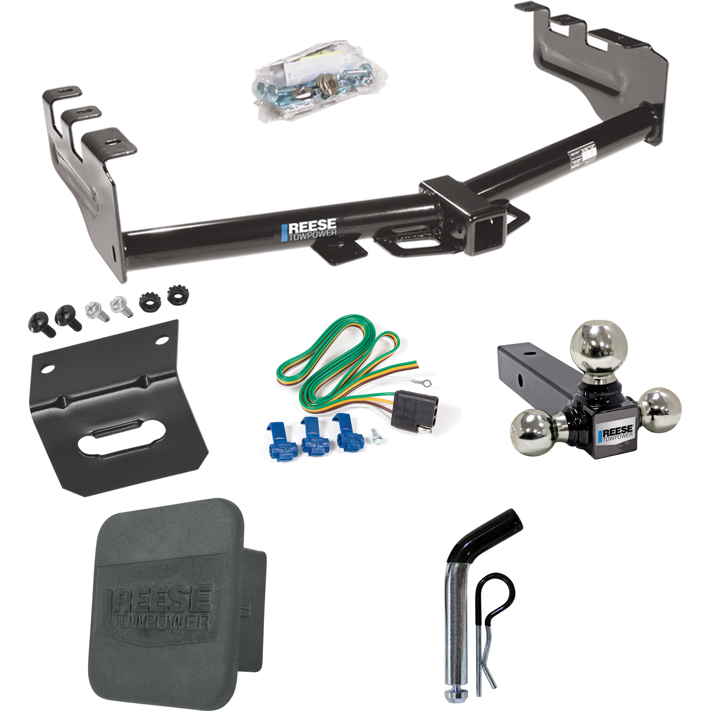 Fits 2001-2003 GMC Sierra 1500 HD Trailer Hitch Tow PKG w/ 4-Flat Wiring + Triple Ball Ball Mount 1-7/8" & 2" & 2-5/16" Trailer Balls + Pin/Clip + Wiring Bracket + Hitch Cover By Reese Towpower