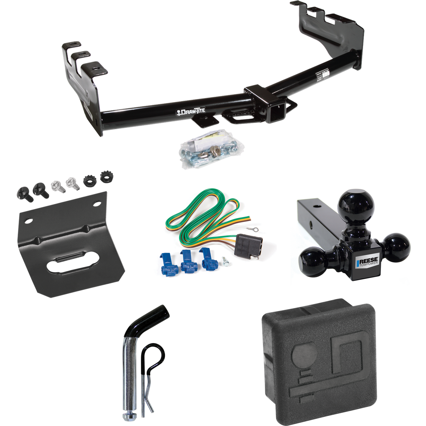 Fits 2001-2003 GMC Sierra 1500 HD Trailer Hitch Tow PKG w/ 4-Flat Wiring + Triple Ball Ball Mount 1-7/8" & 2" & 2-5/16" Trailer Balls + Pin/Clip + Wiring Bracket + Hitch Cover By Draw-Tite