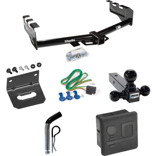 Fits 2001-2003 GMC Sierra 1500 HD Trailer Hitch Tow PKG w/ 4-Flat Wiring + Triple Ball Ball Mount 1-7/8" & 2" & 2-5/16" Trailer Balls + Pin/Clip + Wiring Bracket + Hitch Cover By Draw-Tite