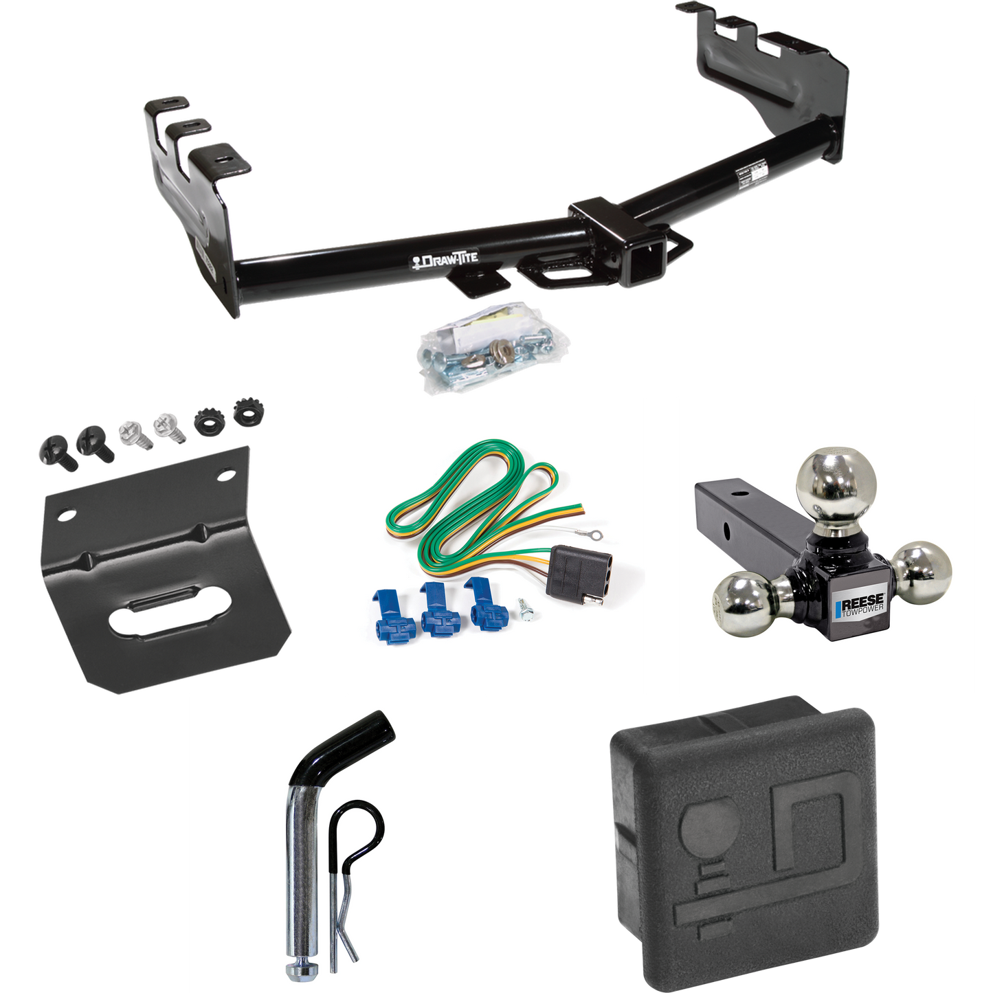 Fits 2001-2003 GMC Sierra 1500 HD Trailer Hitch Tow PKG w/ 4-Flat Wiring + Triple Ball Ball Mount 1-7/8" & 2" & 2-5/16" Trailer Balls + Pin/Clip + Wiring Bracket + Hitch Cover By Draw-Tite