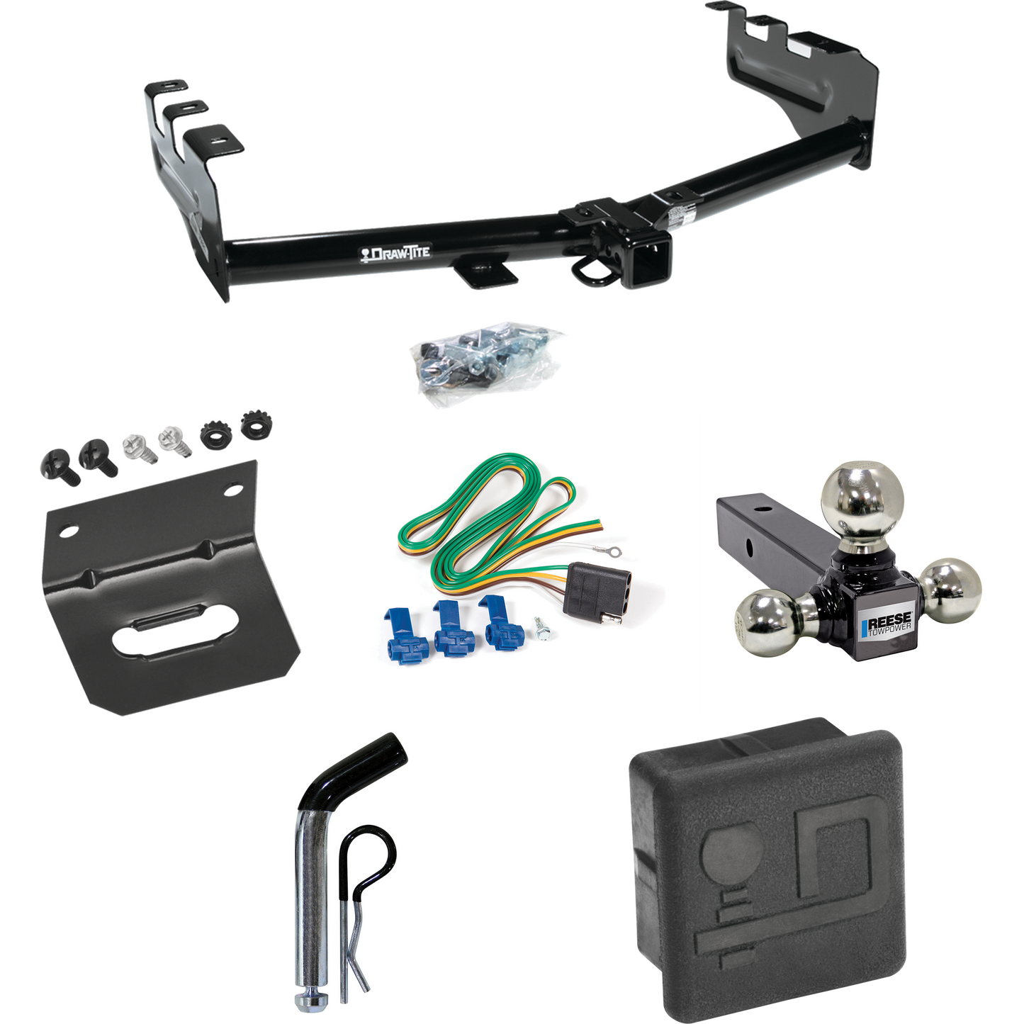 Fits 1999-2002 Chevrolet Silverado 1500 Trailer Hitch Tow PKG w/ 4-Flat Wiring + Triple Ball Ball Mount 1-7/8" & 2" & 2-5/16" Trailer Balls + Pin/Clip + Wiring Bracket + Hitch Cover By Draw-Tite