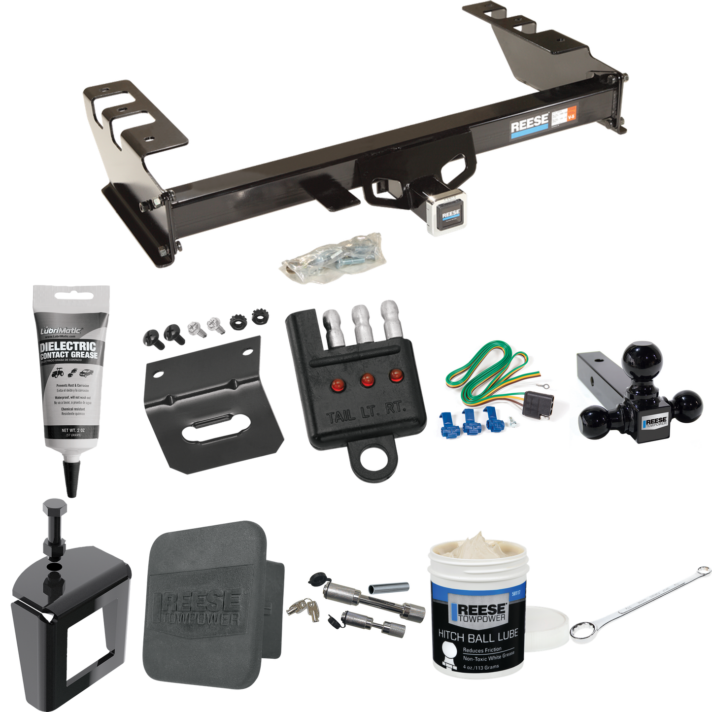 Fits 2001-2003 GMC Sierra 1500 HD Trailer Hitch Tow PKG w/ 4-Flat Wiring + Triple Ball Ball Mount 1-7/8" & 2" & 2-5/16" Trailer Balls + Wiring Bracket + Hitch Cover + Dual Hitch & Coupler Locks + Wiring Tester + Ball Lube + Electric Grease + Ball Wre