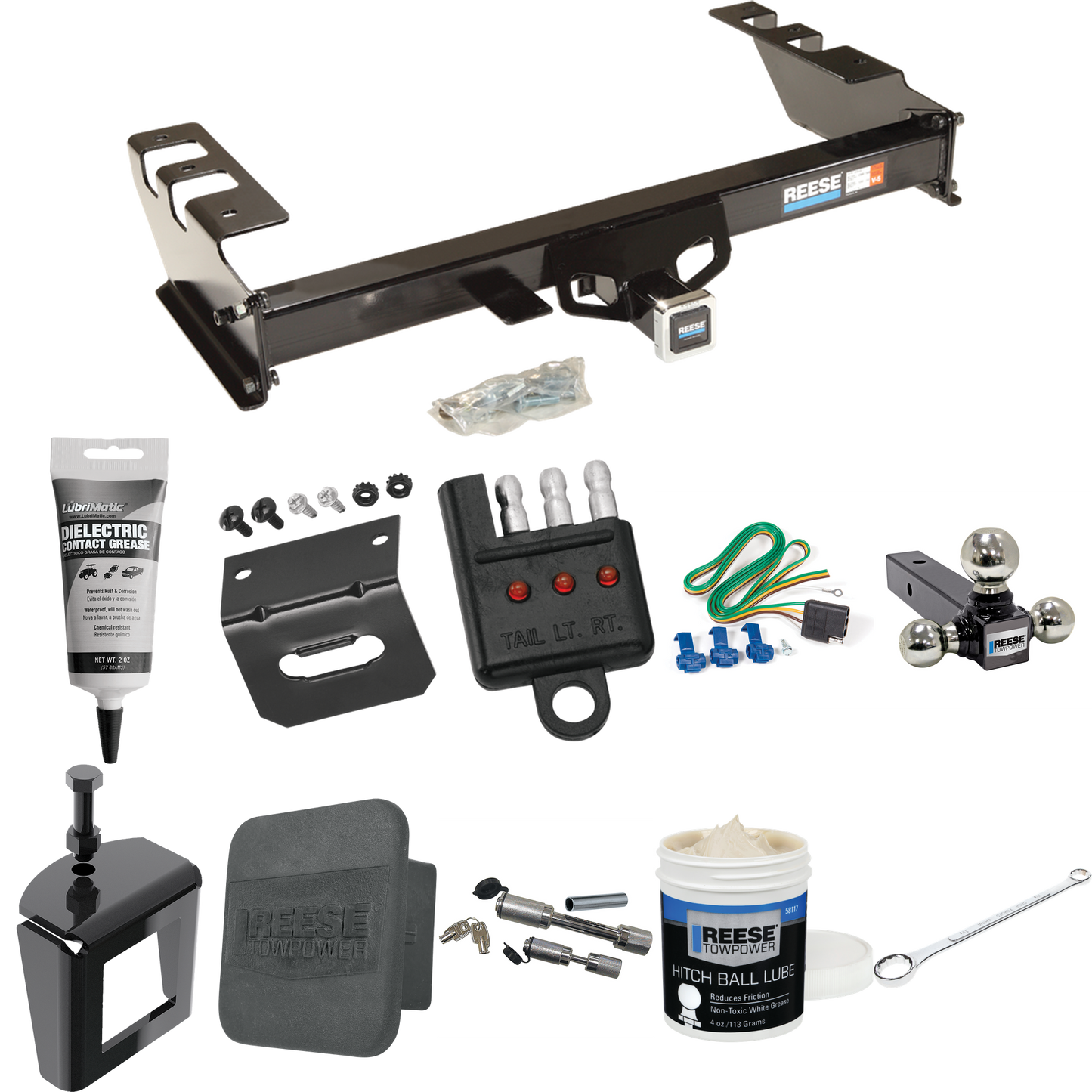 Fits 2001-2003 GMC Sierra 1500 HD Trailer Hitch Tow PKG w/ 4-Flat Wiring + Triple Ball Ball Mount 1-7/8" & 2" & 2-5/16" Trailer Balls + Wiring Bracket + Hitch Cover + Dual Hitch & Coupler Locks + Wiring Tester + Ball Lube + Electric Grease + Ball Wre