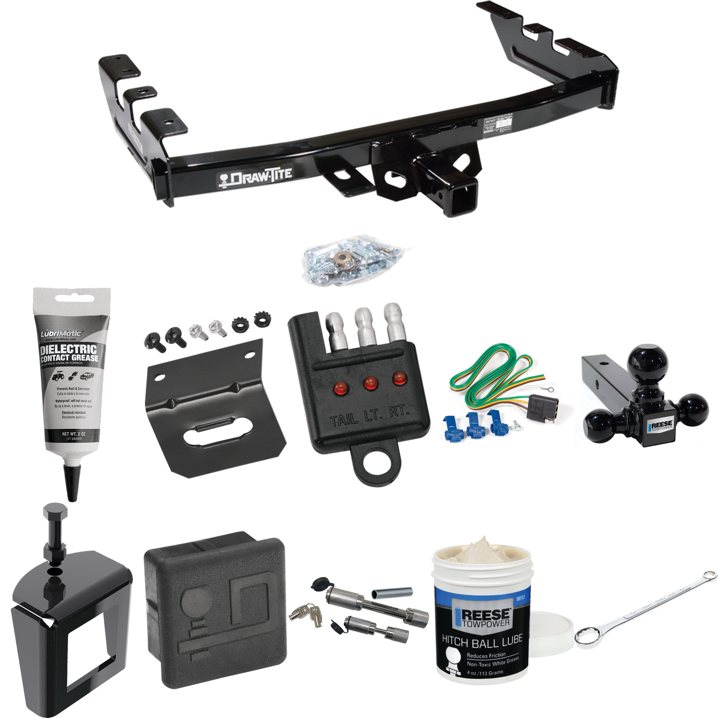 Fits 2001-2003 GMC Sierra 1500 HD Trailer Hitch Tow PKG w/ 4-Flat Wiring + Triple Ball Ball Mount 1-7/8" & 2" & 2-5/16" Trailer Balls + Wiring Bracket + Hitch Cover + Dual Hitch & Coupler Locks + Wiring Tester + Ball Lube + Electric Grease + Ball Wre