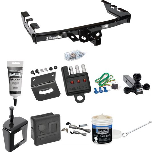 Fits 2001-2003 GMC Sierra 1500 HD Trailer Hitch Tow PKG w/ 4-Flat Wiring + Triple Ball Ball Mount 1-7/8" & 2" & 2-5/16" Trailer Balls + Wiring Bracket + Hitch Cover + Dual Hitch & Coupler Locks + Wiring Tester + Ball Lube + Electric Grease + Ball Wre