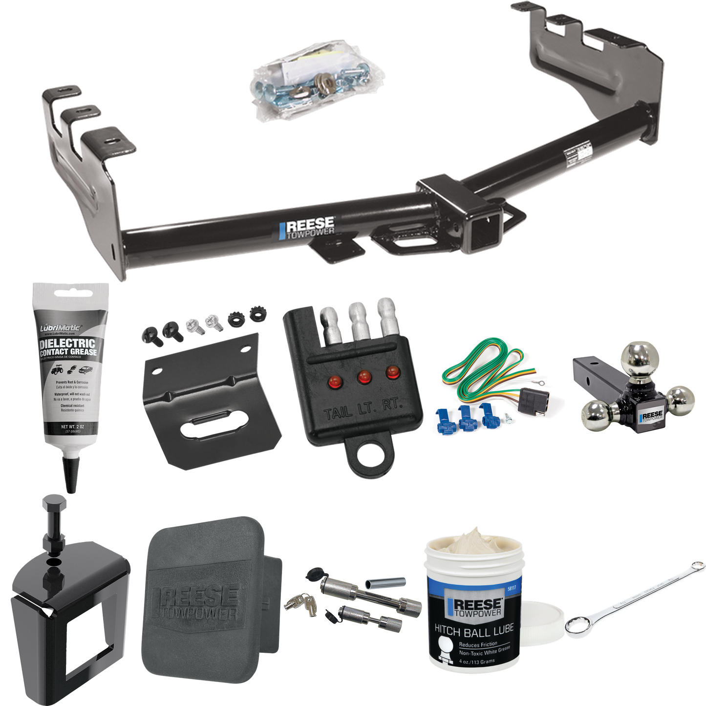 Fits 2001-2003 GMC Sierra 1500 HD Trailer Hitch Tow PKG w/ 4-Flat Wiring + Triple Ball Ball Mount 1-7/8" & 2" & 2-5/16" Trailer Balls + Wiring Bracket + Hitch Cover + Dual Hitch & Coupler Locks + Wiring Tester + Ball Lube + Electric Grease + Ball Wre