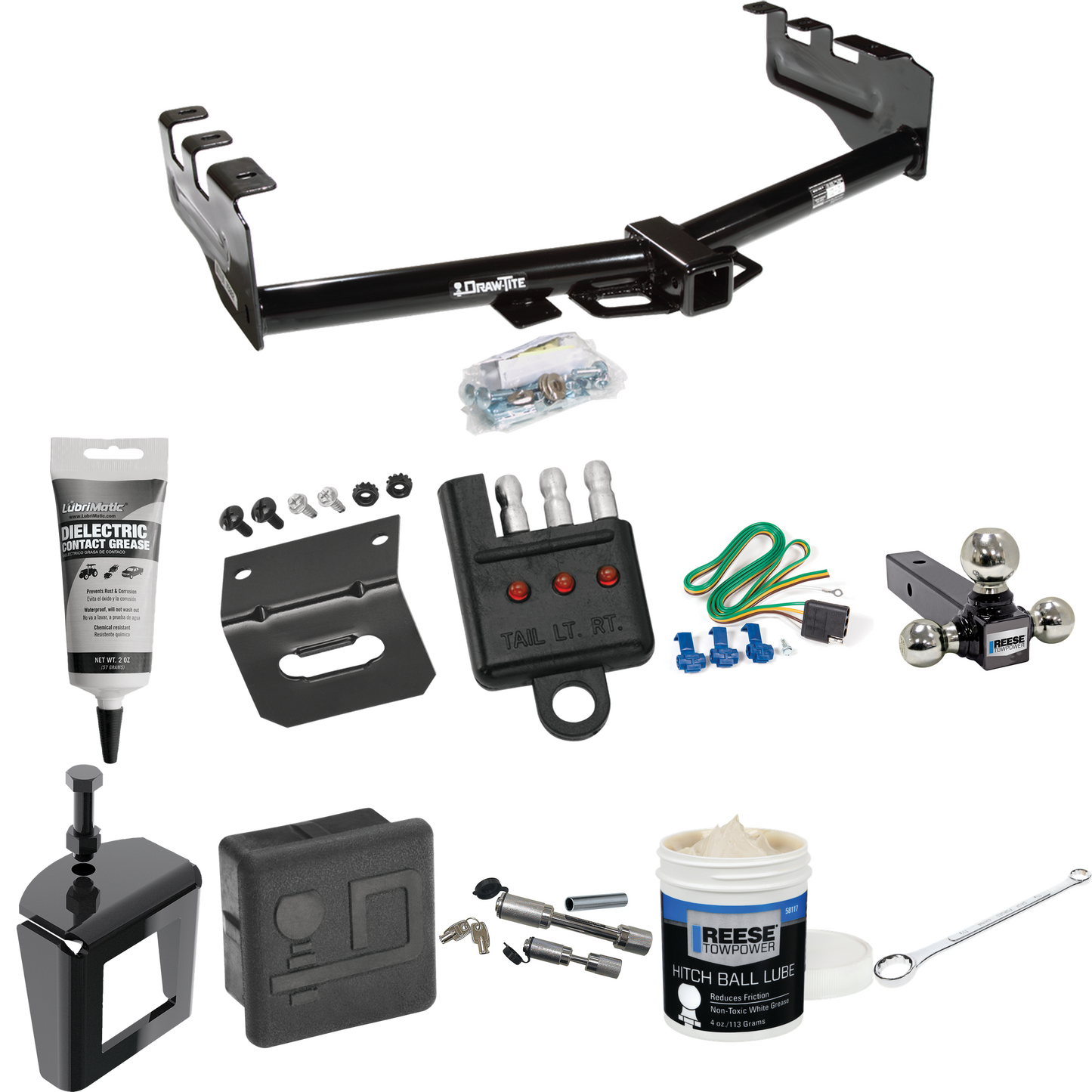 Fits 1999-2004 GMC Sierra 2500 Trailer Hitch Tow PKG w/ 4-Flat Wiring + Triple Ball Ball Mount 1-7/8" & 2" & 2-5/16" Trailer Balls + Wiring Bracket + Hitch Cover + Dual Hitch & Coupler Locks + Wiring Tester + Ball Lube + Electric Grease + Ball Wrench