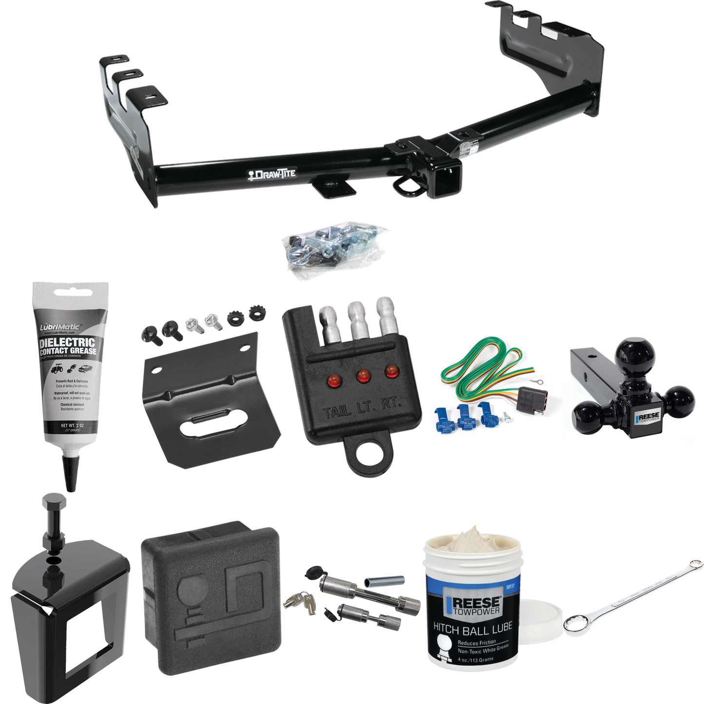 Fits 1999-2002 Chevrolet Silverado 1500 Trailer Hitch Tow PKG w/ 4-Flat Wiring + Triple Ball Ball Mount 1-7/8" & 2" & 2-5/16" Trailer Balls + Wiring Bracket + Hitch Cover + Dual Hitch & Coupler Locks + Wiring Tester + Ball Lube + Electric Grease + Ba